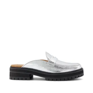 Cara Mule Silver Crinkle Metallic Leather Loafer