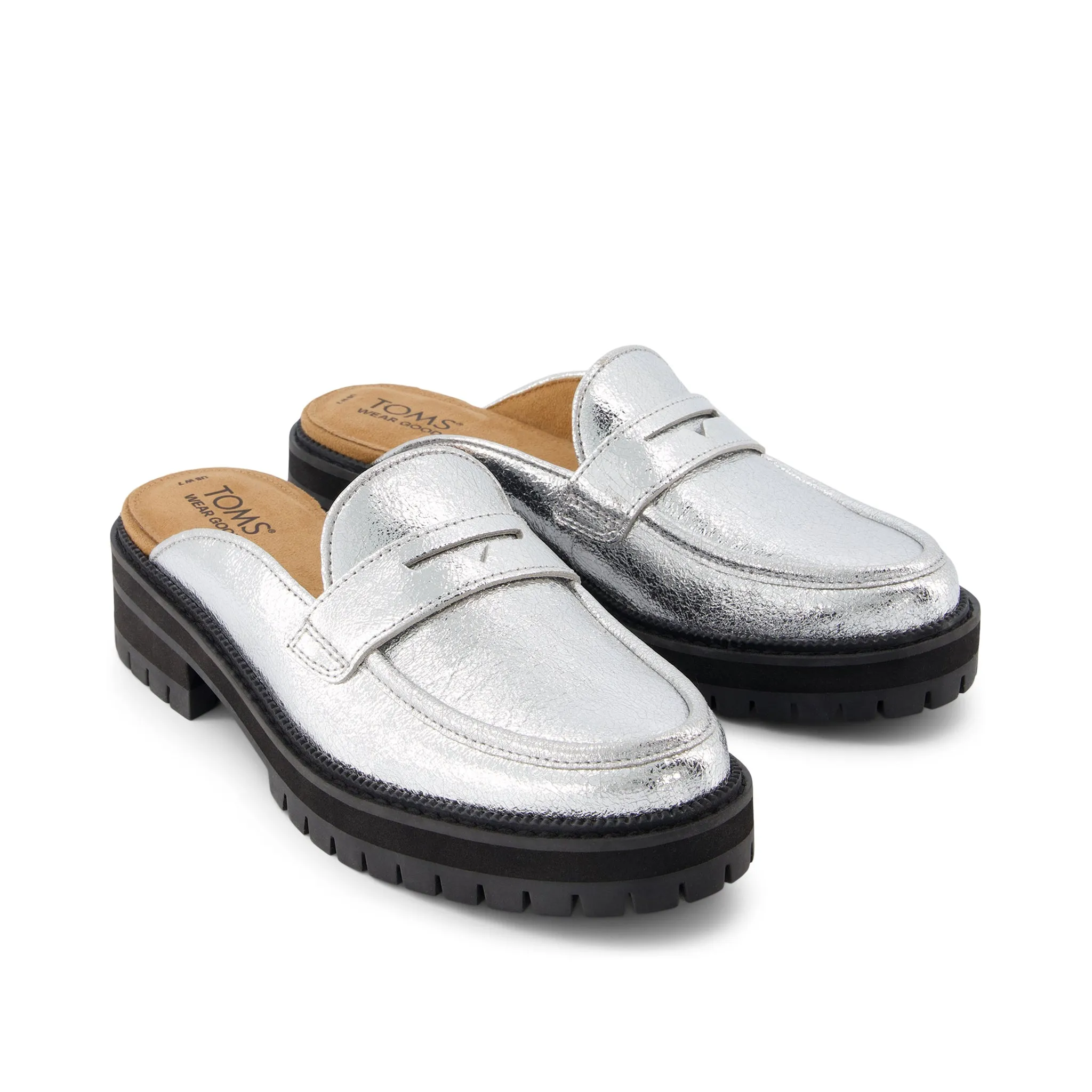 Cara Mule Silver Crinkle Metallic Leather Loafer