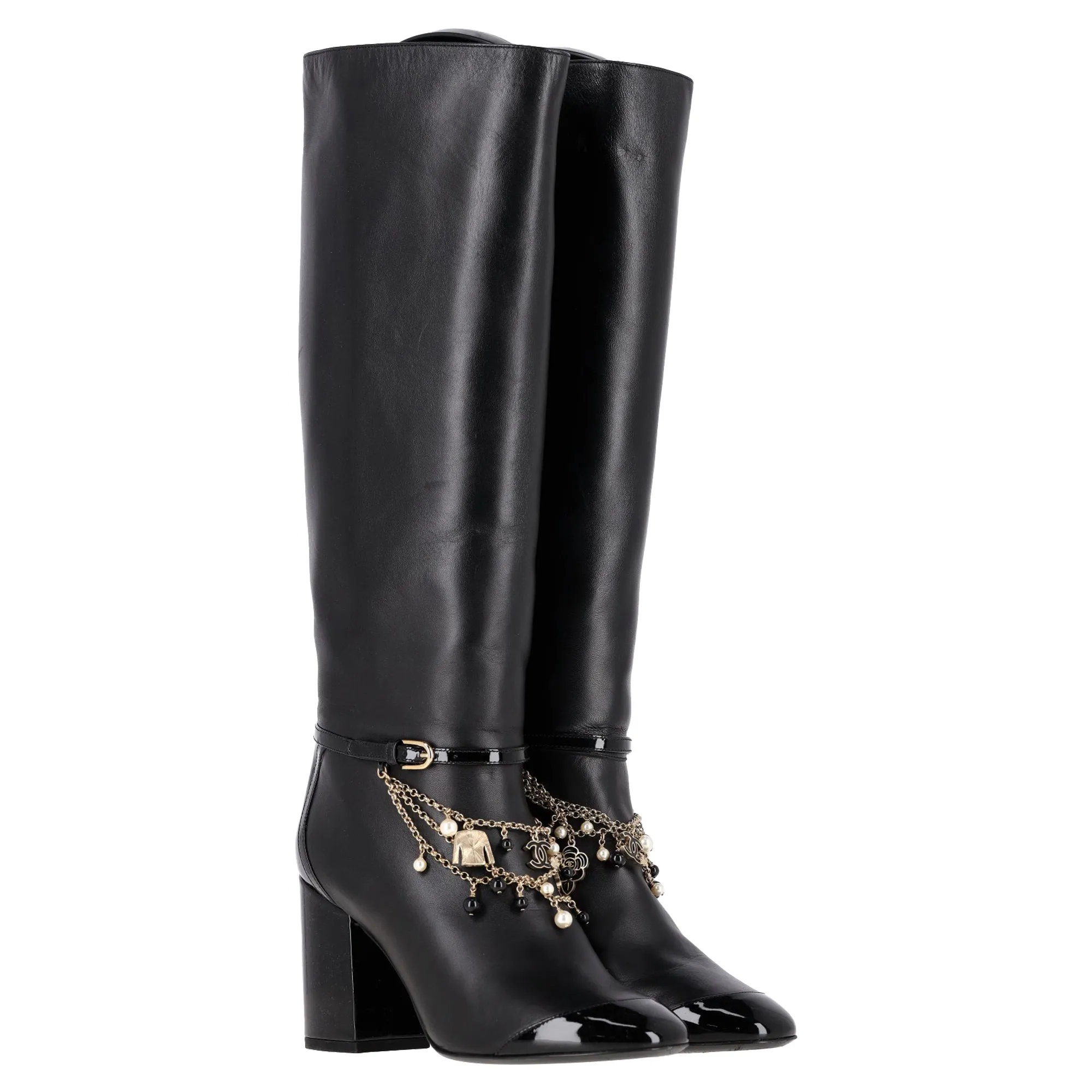 Chanel Chain Detail Knee-High Boots in Black Leather