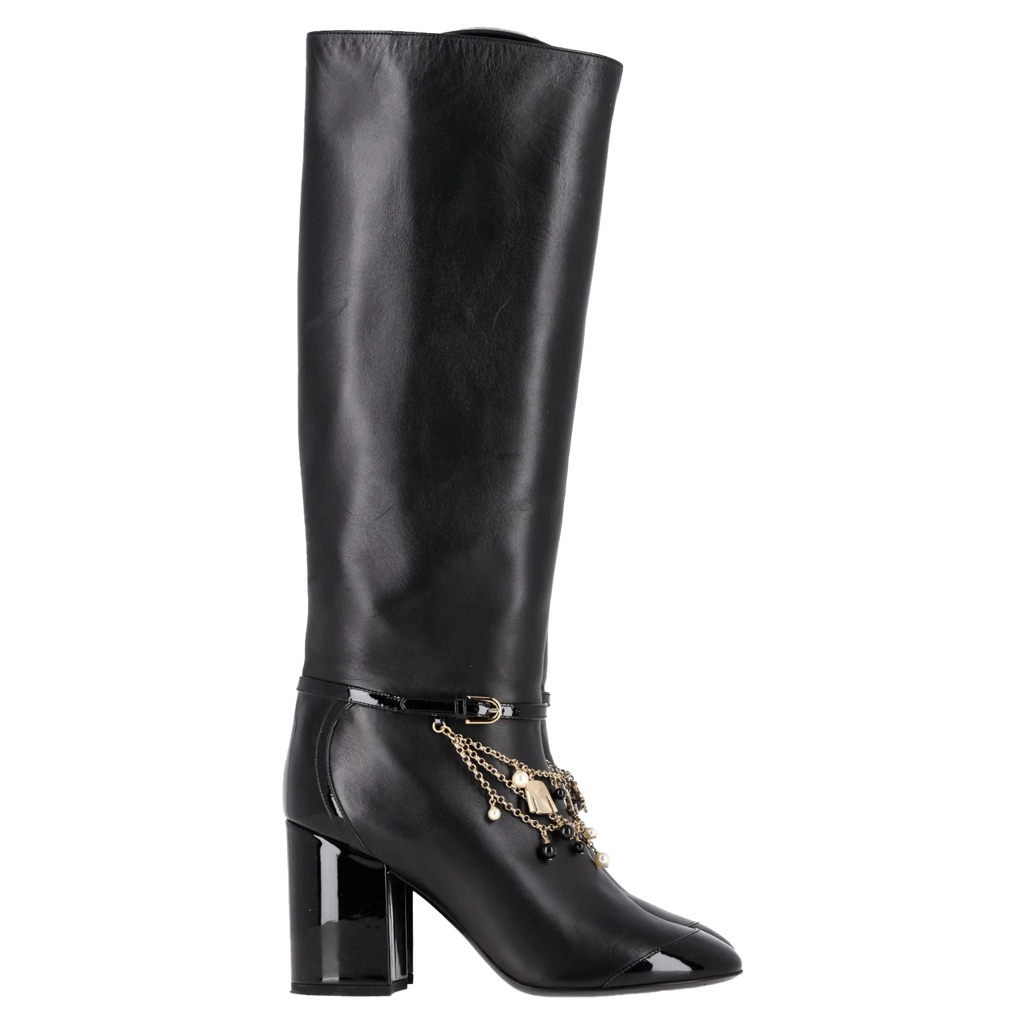 Chanel Chain Detail Knee-High Boots in Black Leather