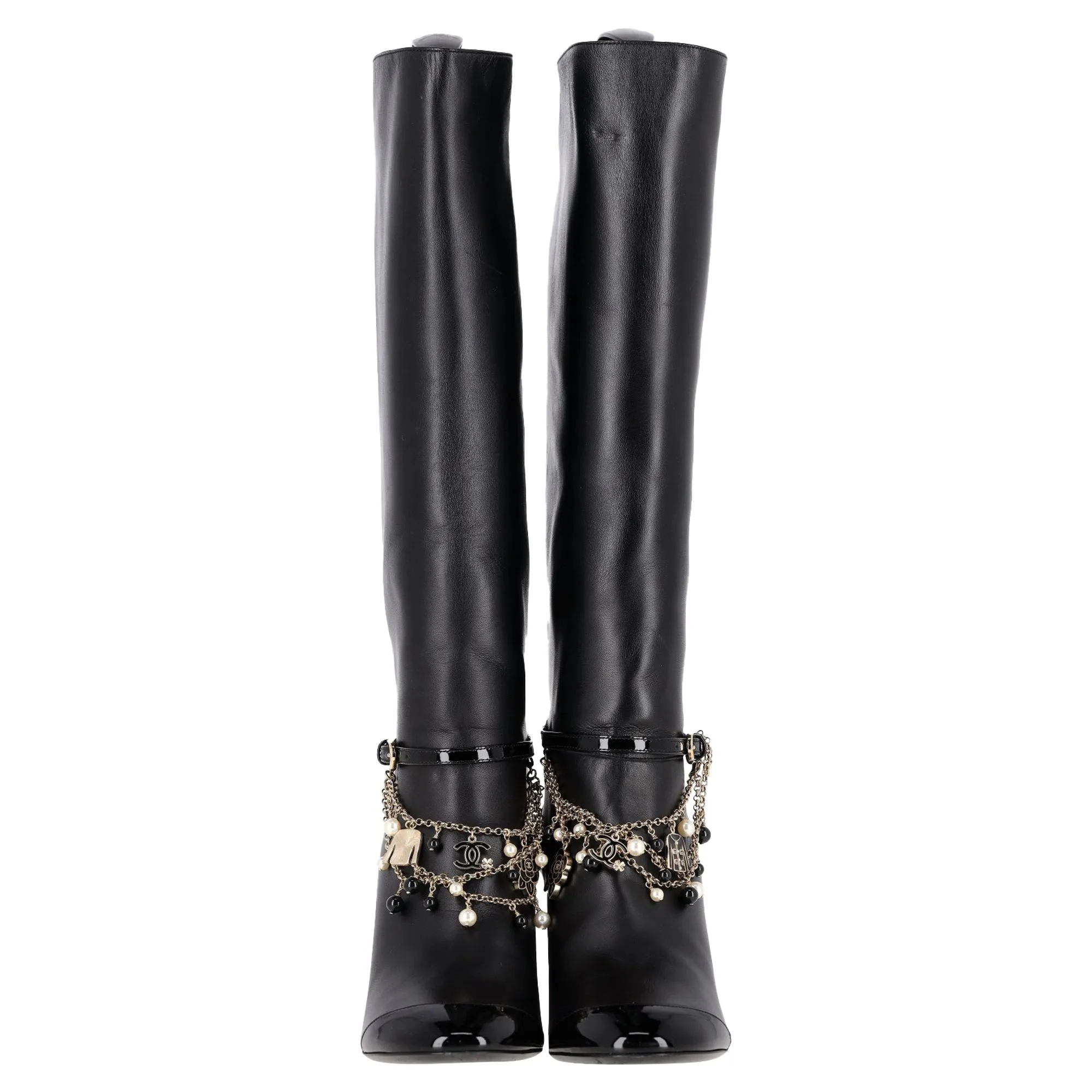 Chanel Chain Detail Knee-High Boots in Black Leather
