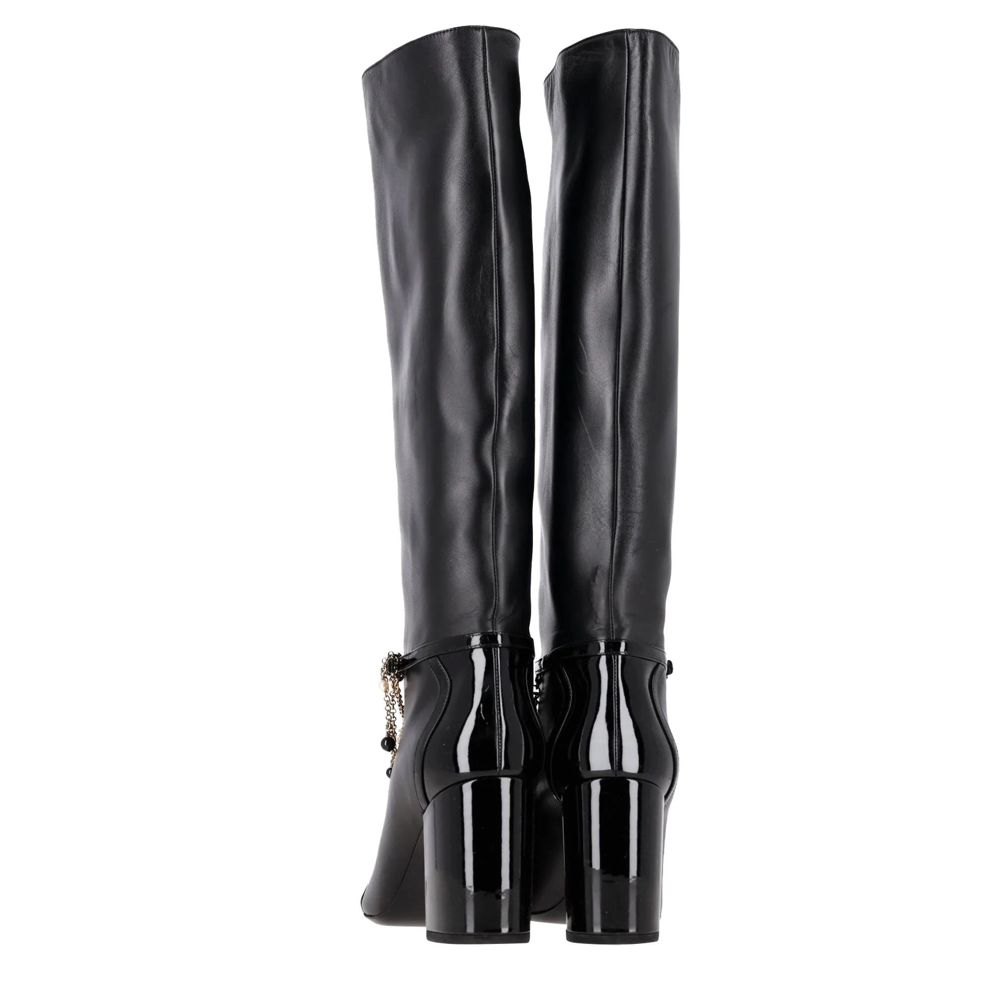 Chanel Chain Detail Knee-High Boots in Black Leather