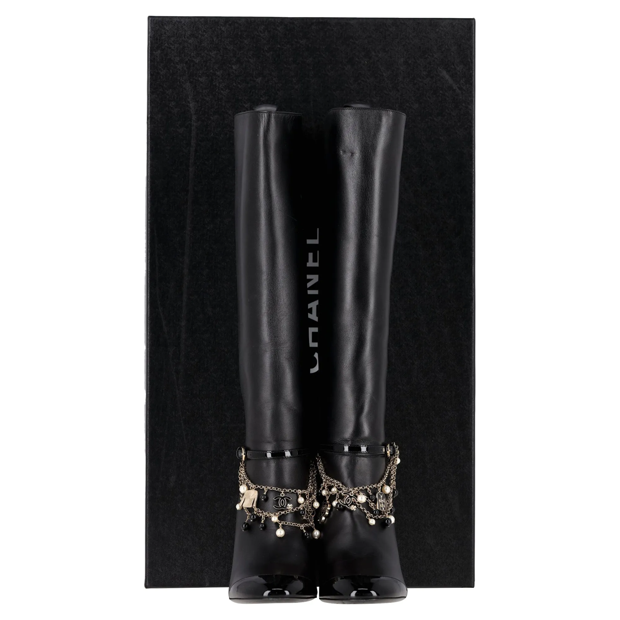 Chanel Chain Detail Knee-High Boots in Black Leather