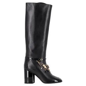 Chanel Chain Detail Knee-High Boots in Black Leather