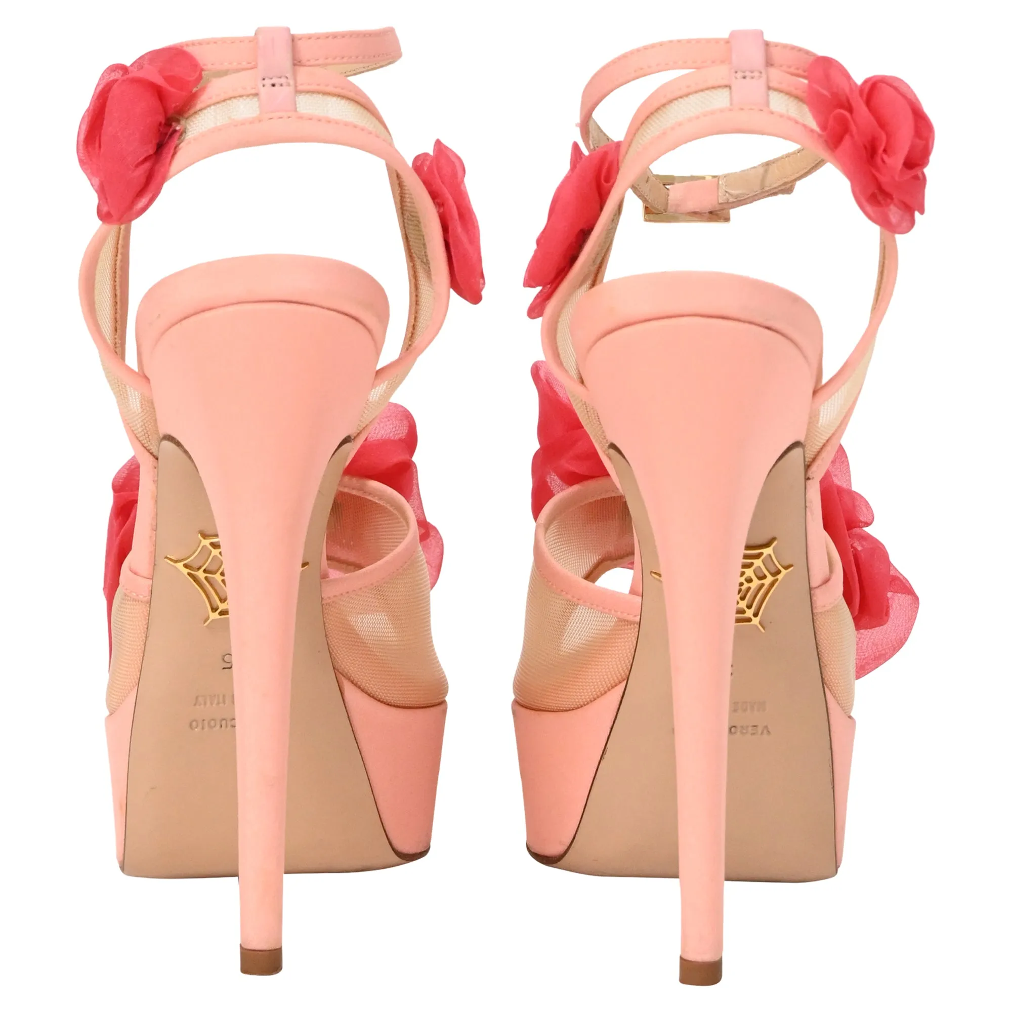 Charlotte Olympia Fleur Ankle-Wrap Platform Sandals in Pink Satin