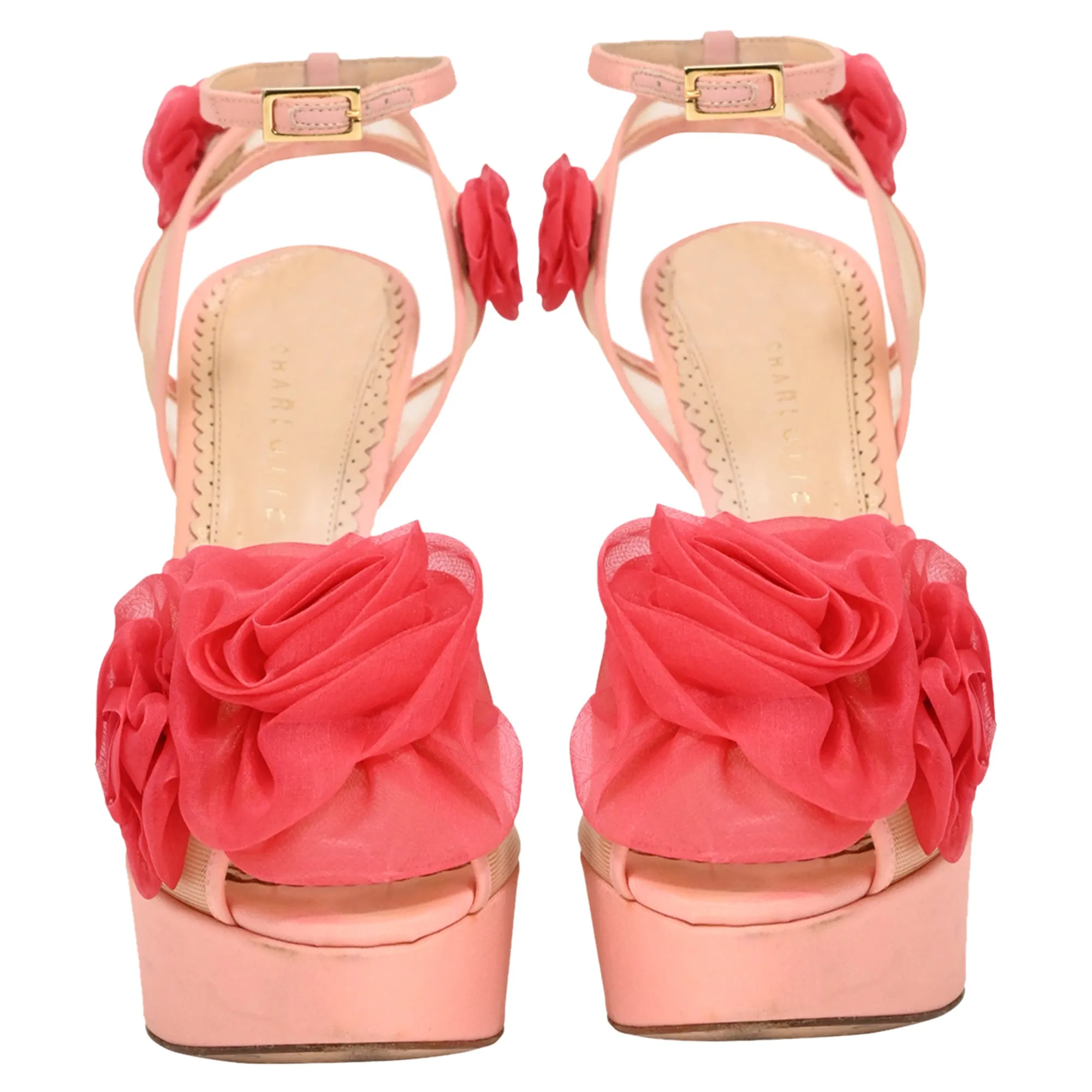 Charlotte Olympia Fleur Ankle-Wrap Platform Sandals in Pink Satin
