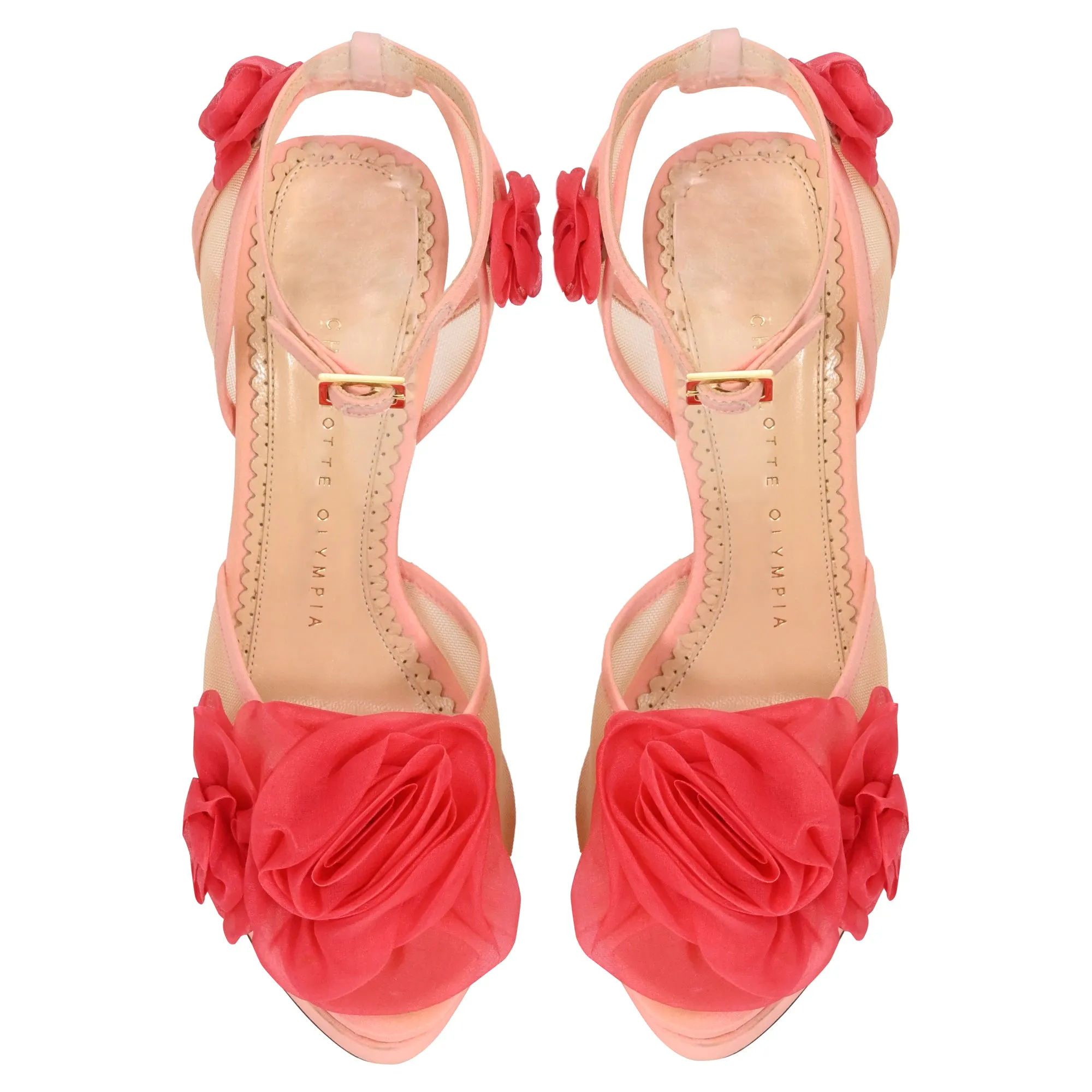 Charlotte Olympia Fleur Ankle-Wrap Platform Sandals in Pink Satin