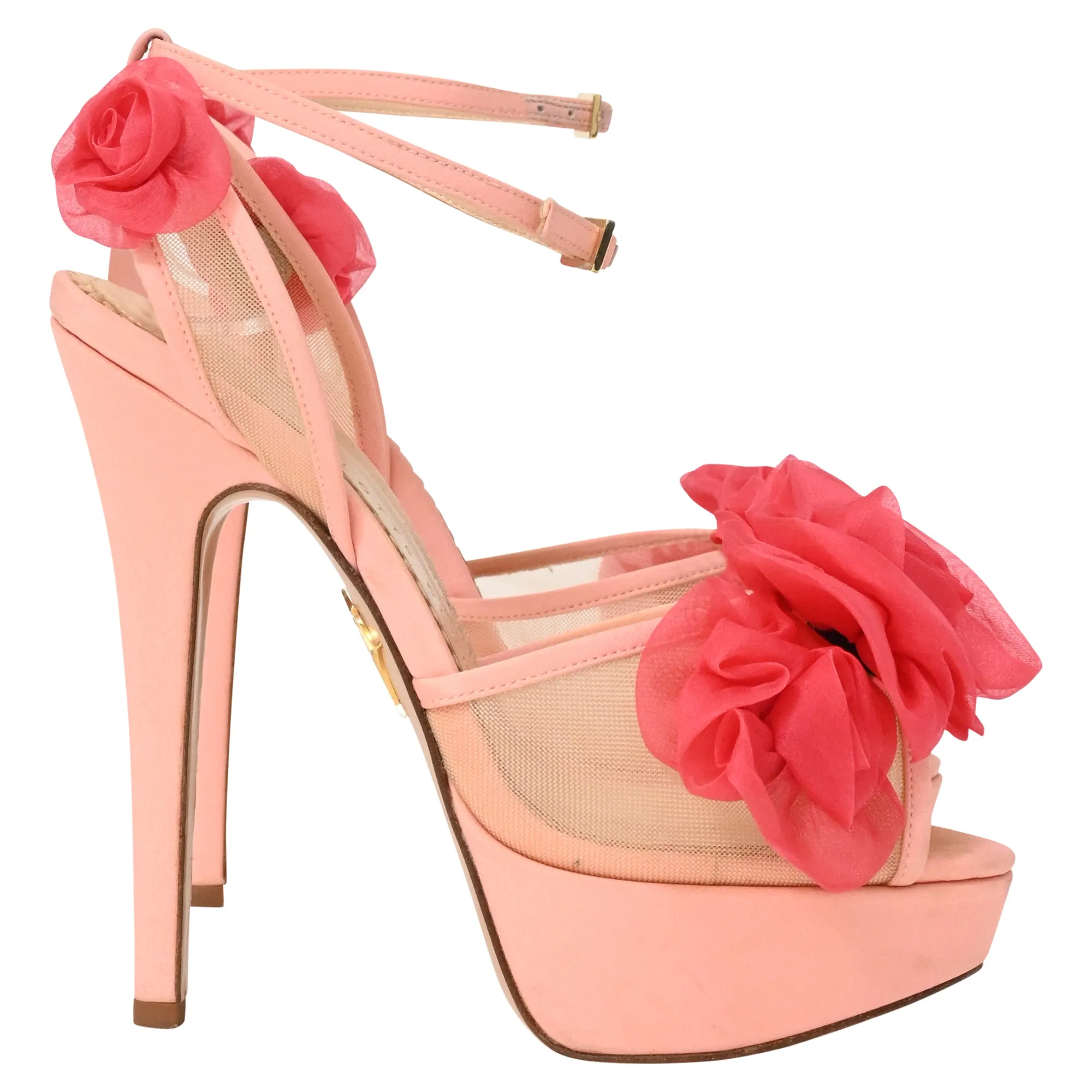 Charlotte Olympia Fleur Ankle-Wrap Platform Sandals in Pink Satin