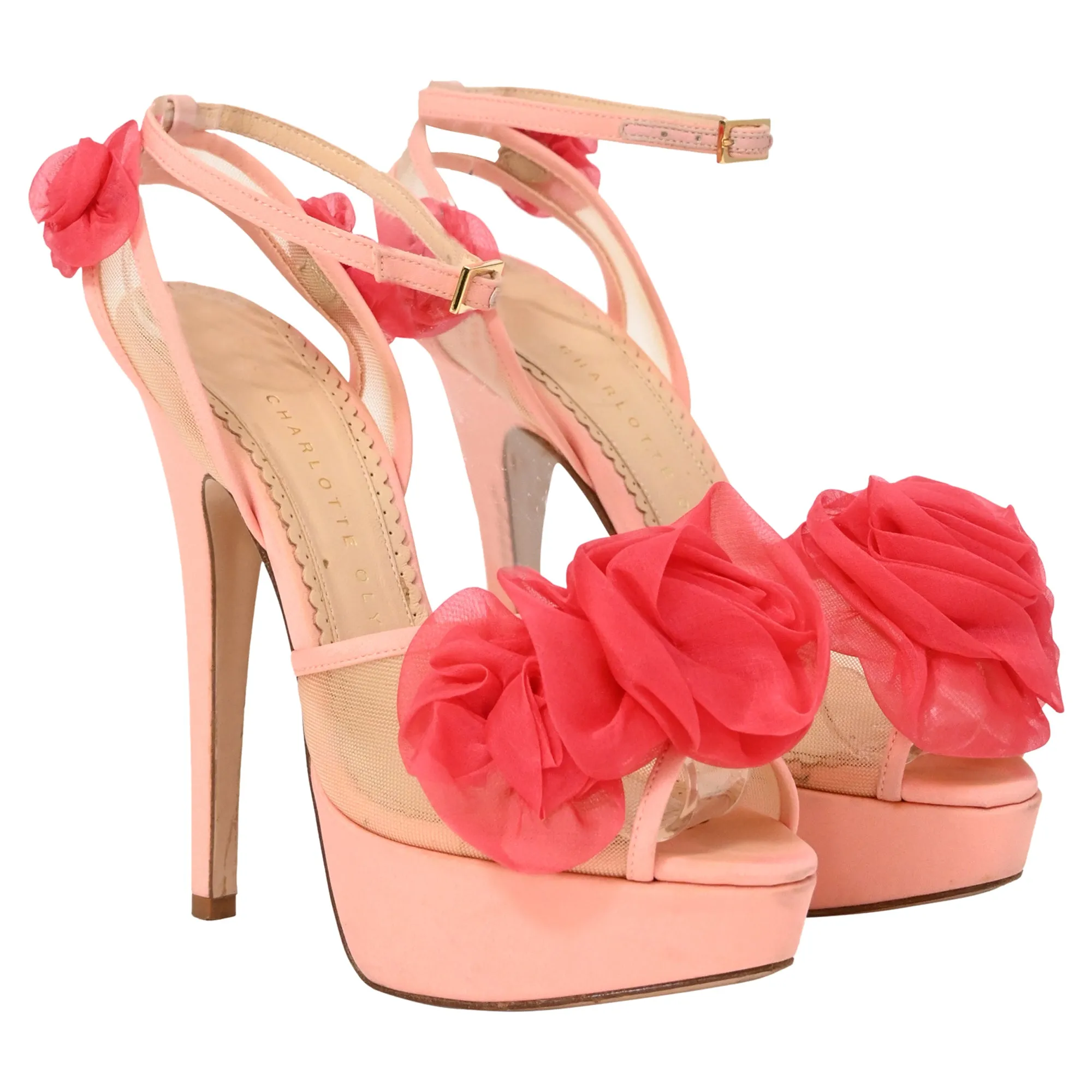 Charlotte Olympia Fleur Ankle-Wrap Platform Sandals in Pink Satin
