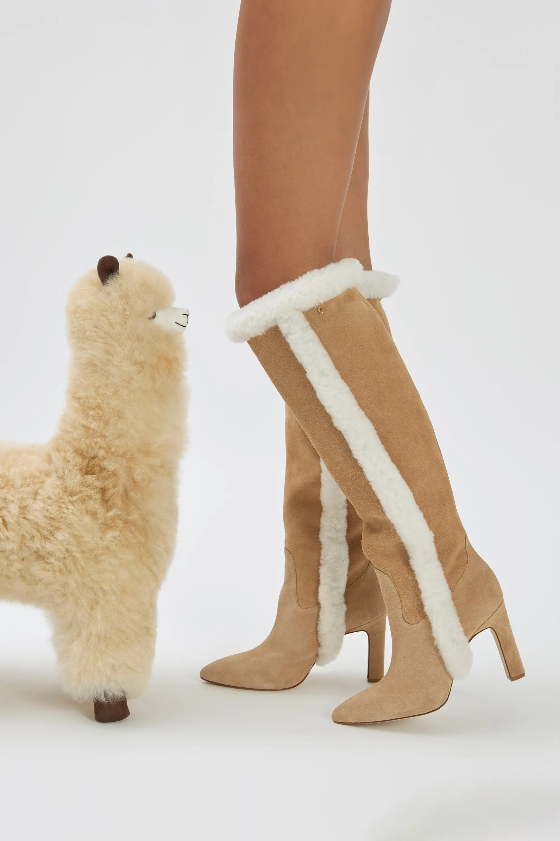 Cindy Hi Faux Fur Boot In Peanut Suede and Natural Shearling