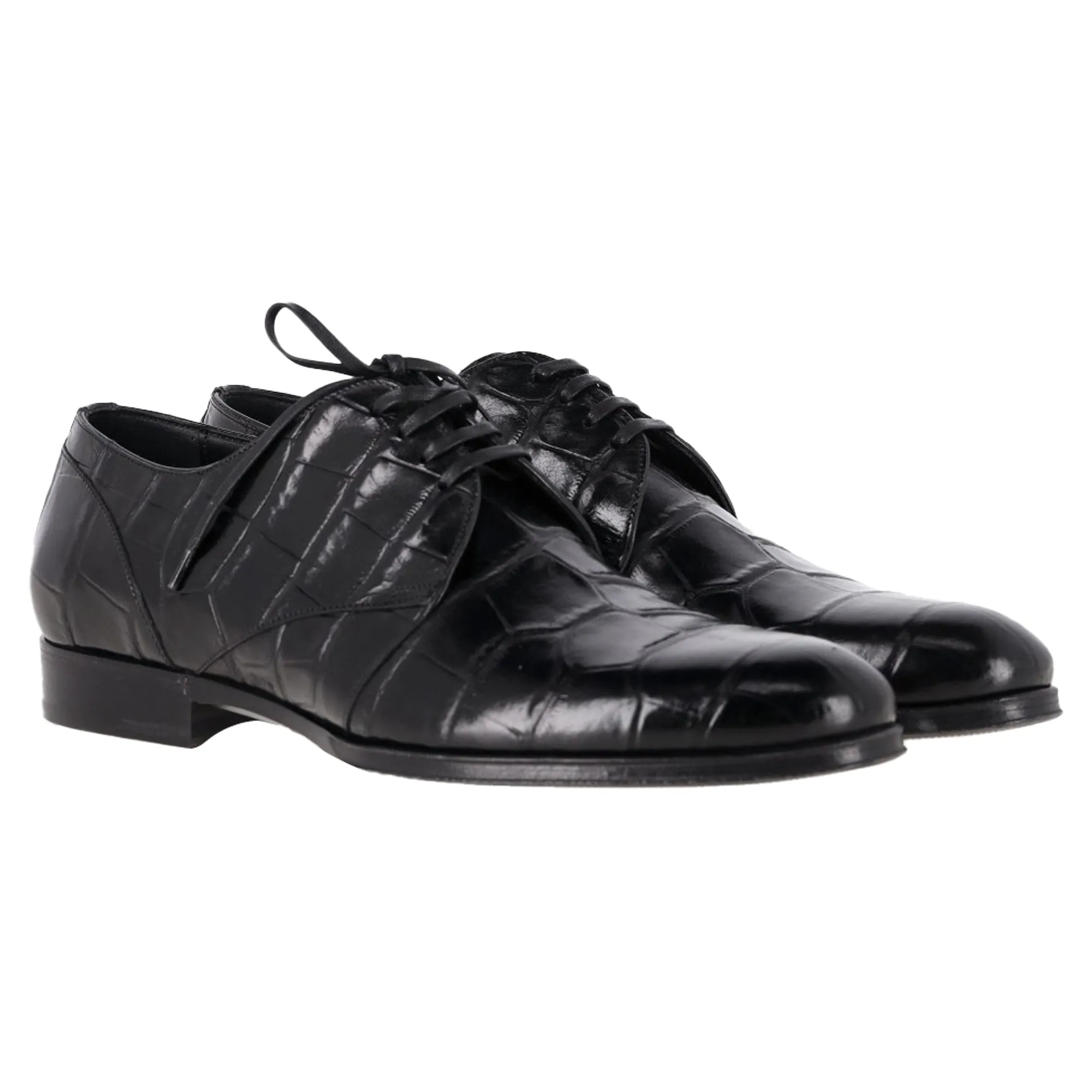 Dolce & Gabbana Croc Embossed Derby Shoes in Black Leather