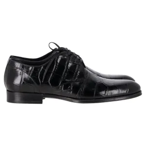 Dolce & Gabbana Croc Embossed Derby Shoes in Black Leather