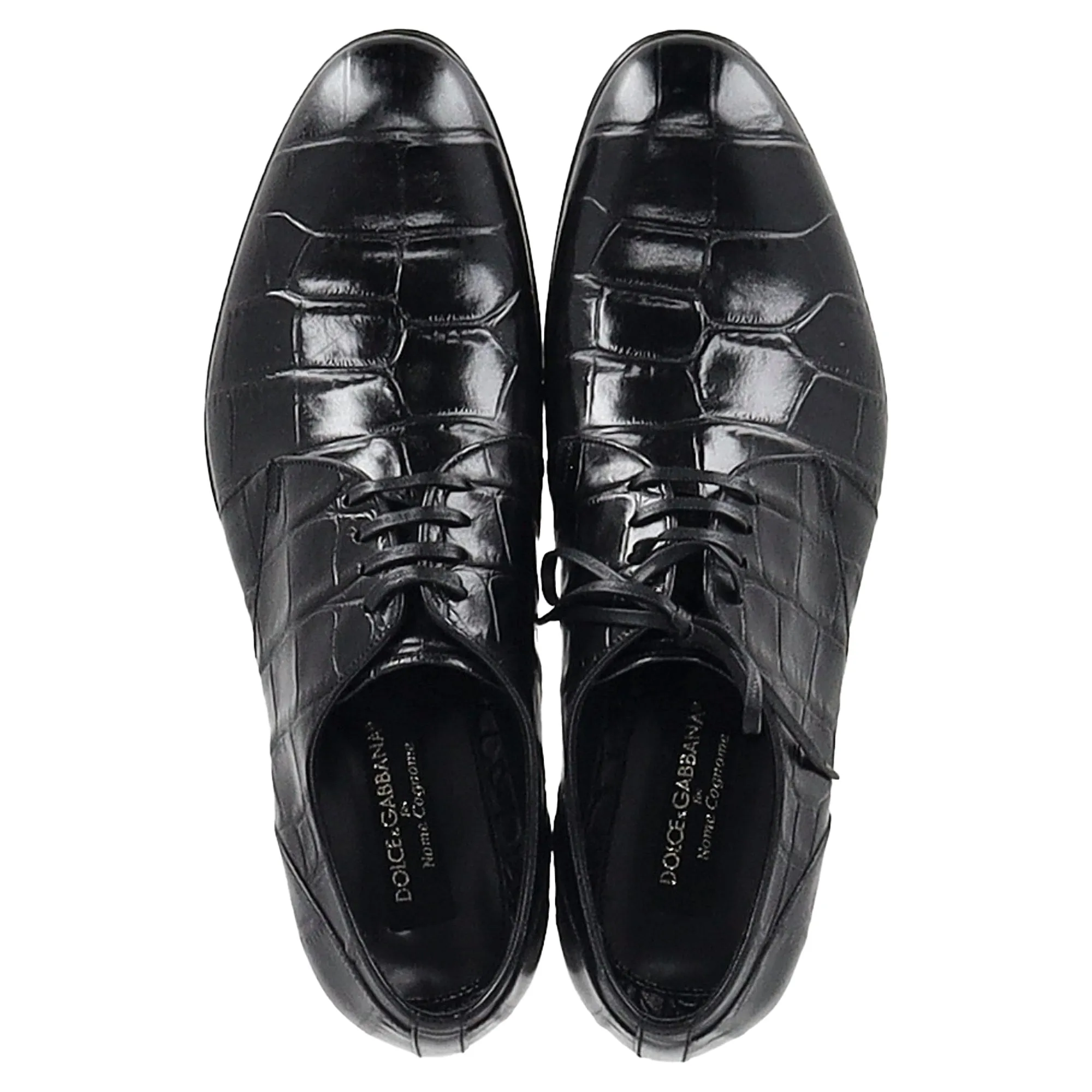Dolce & Gabbana Croc Embossed Derby Shoes in Black Leather