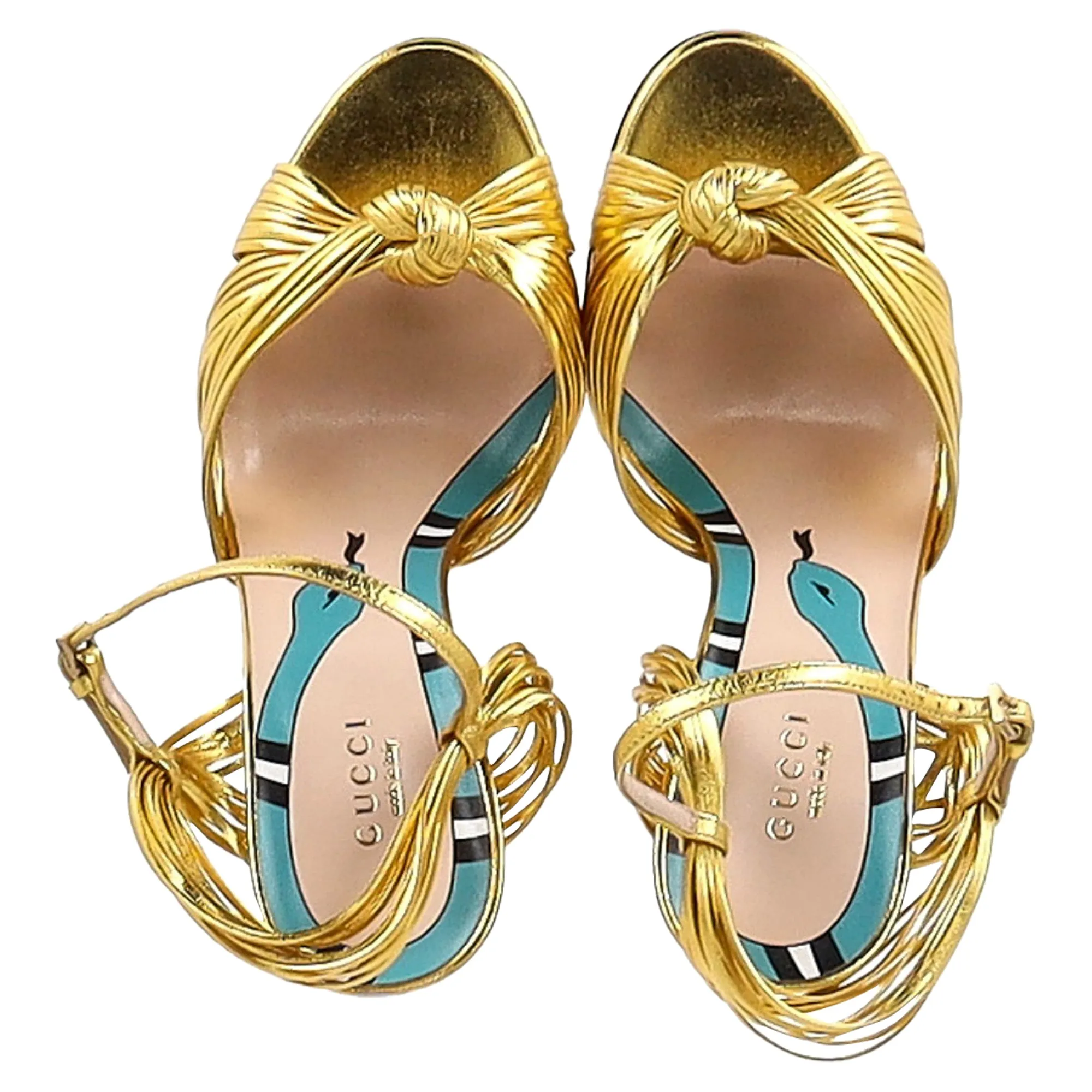 Gucci Strappy Allie Knot Sandals in Gold Leather