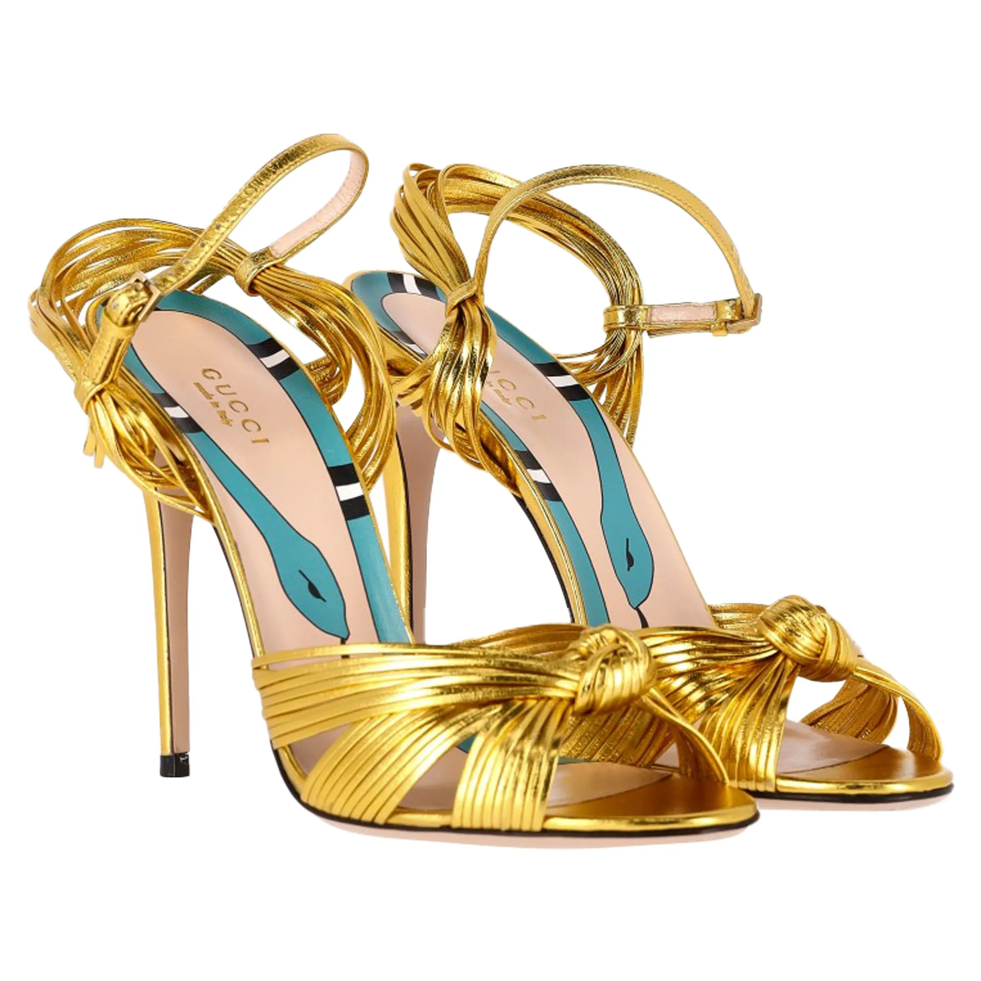 Gucci Strappy Allie Knot Sandals in Gold Leather