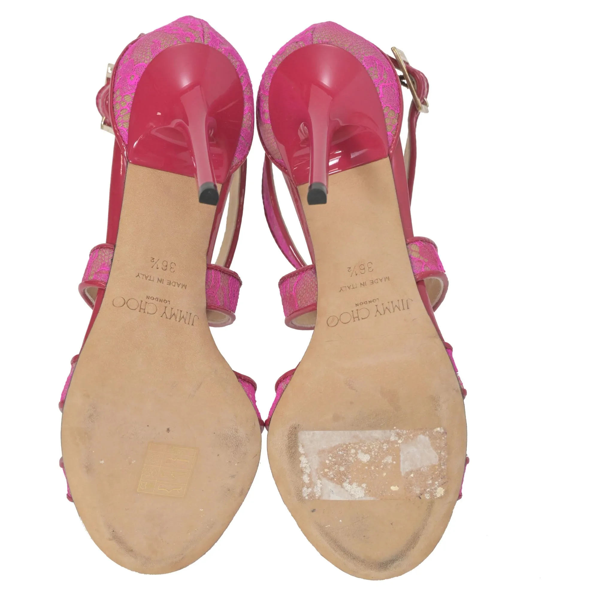 Jimmy Choo Lottie Lace Detail Strappy Heels in Pink Leather