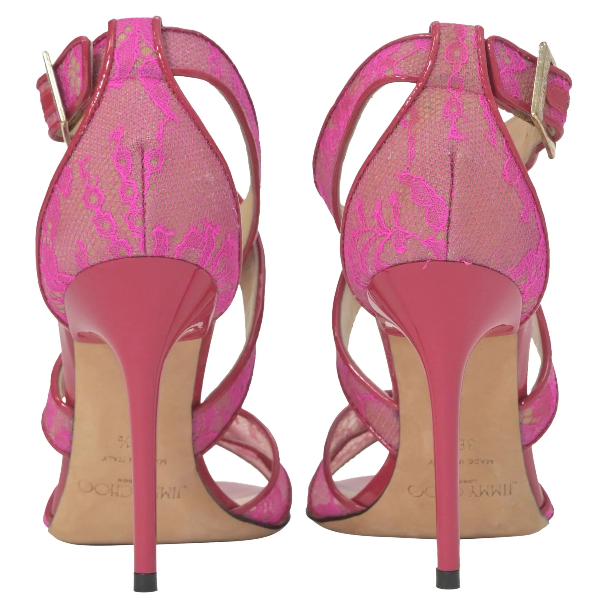 Jimmy Choo Lottie Lace Detail Strappy Heels in Pink Leather