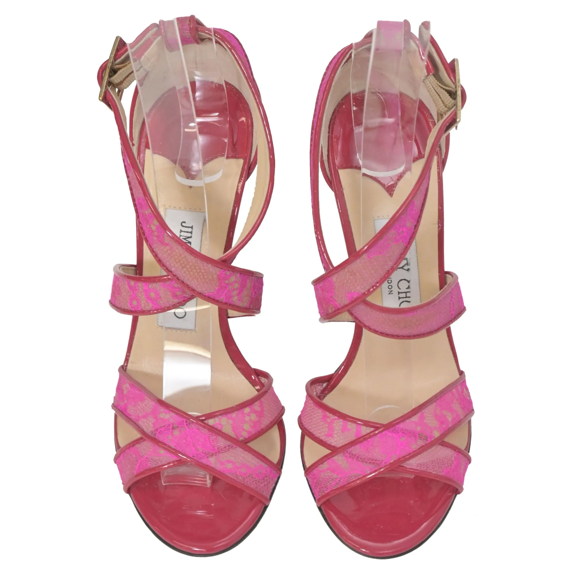 Jimmy Choo Lottie Lace Detail Strappy Heels in Pink Leather