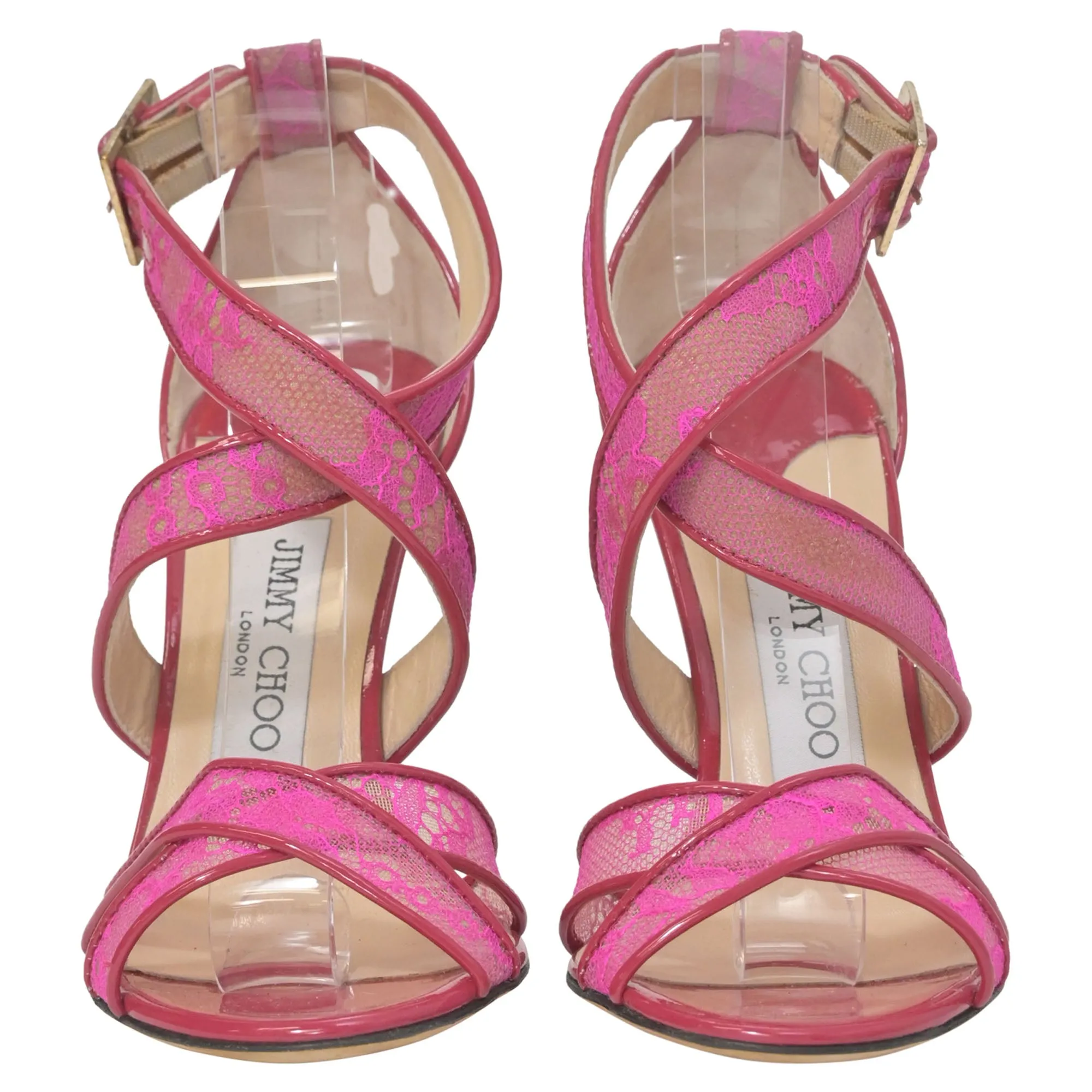 Jimmy Choo Lottie Lace Detail Strappy Heels in Pink Leather