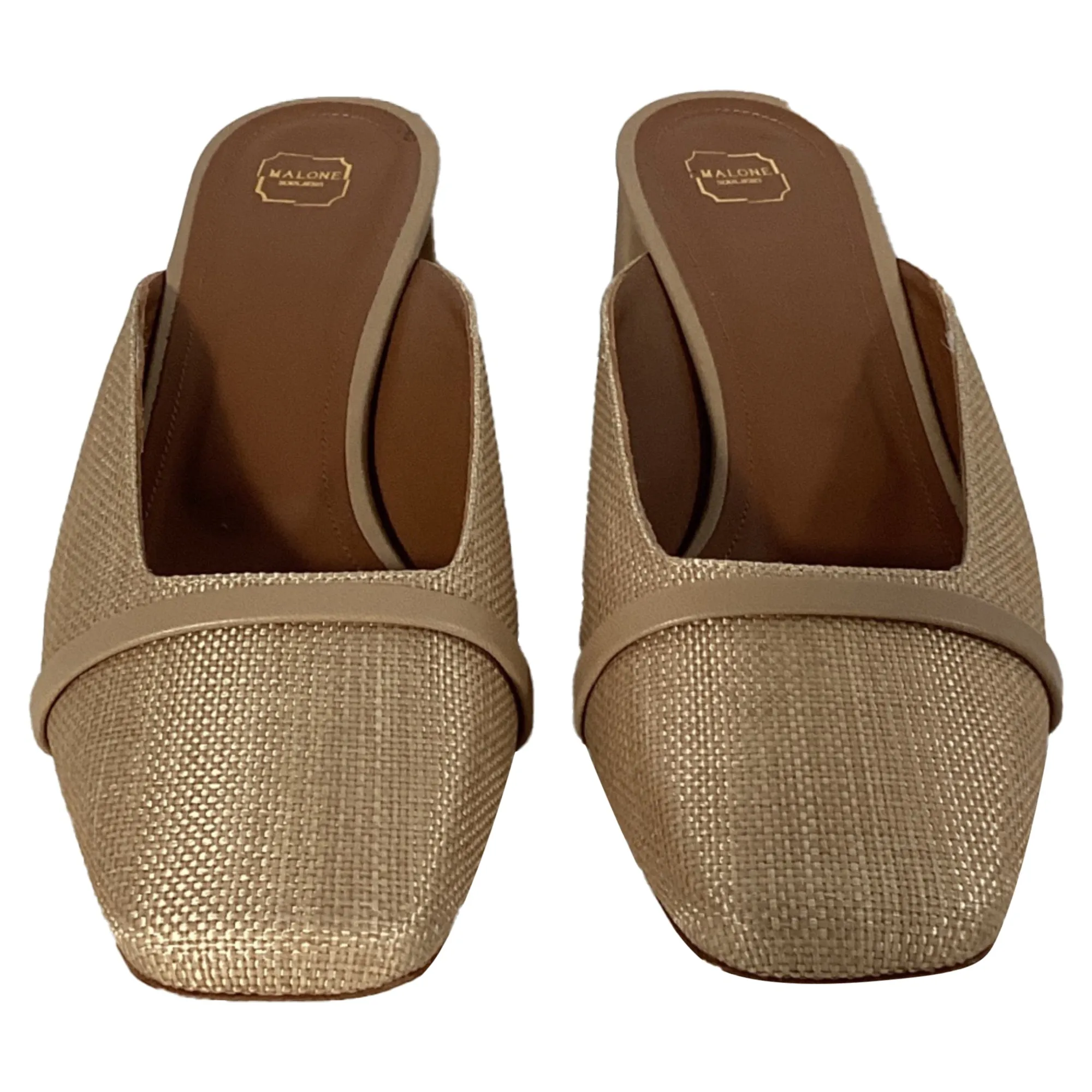 Malone Souliers Carmen 45mm Square-Toe Mules in Beige Raffia