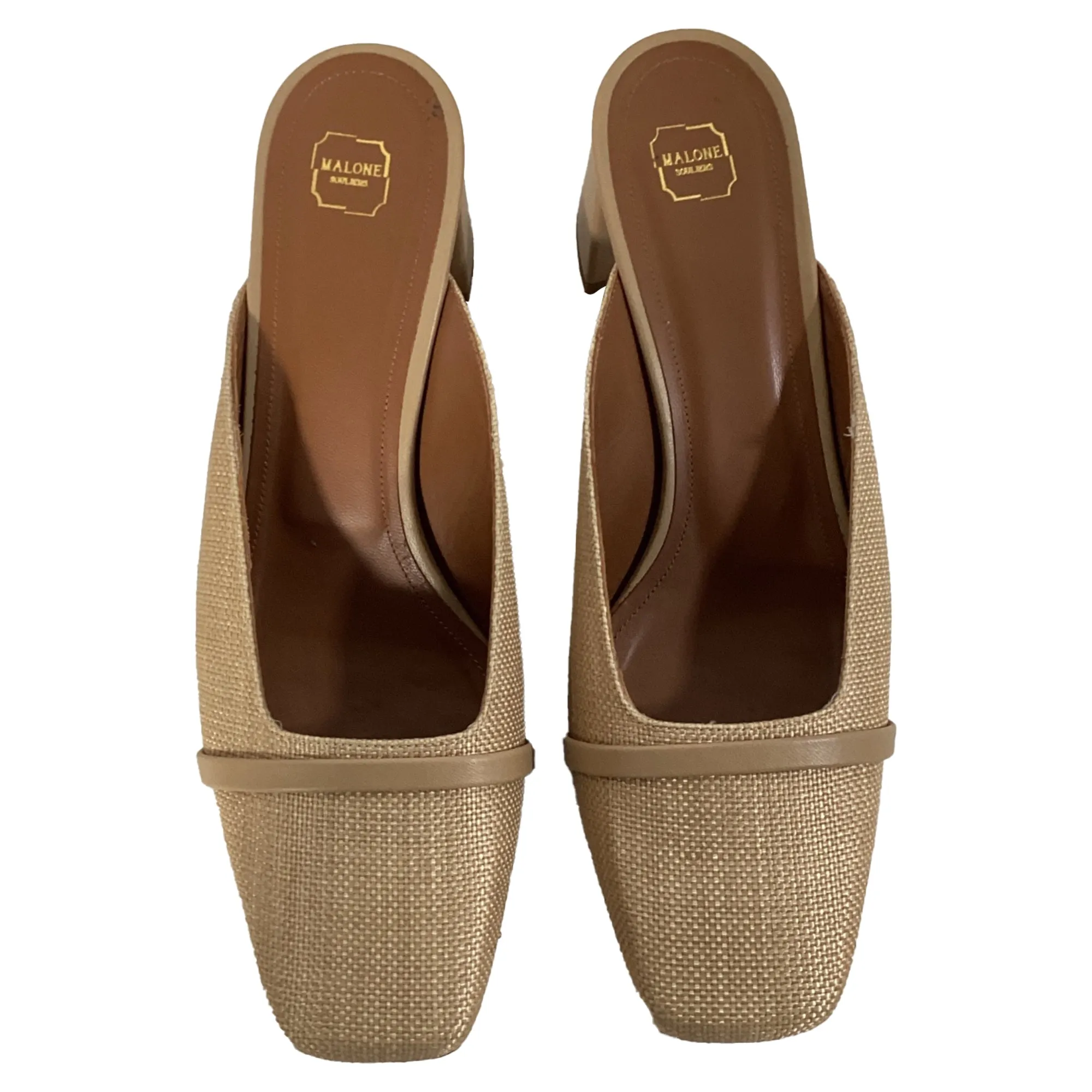 Malone Souliers Carmen 45mm Square-Toe Mules in Beige Raffia