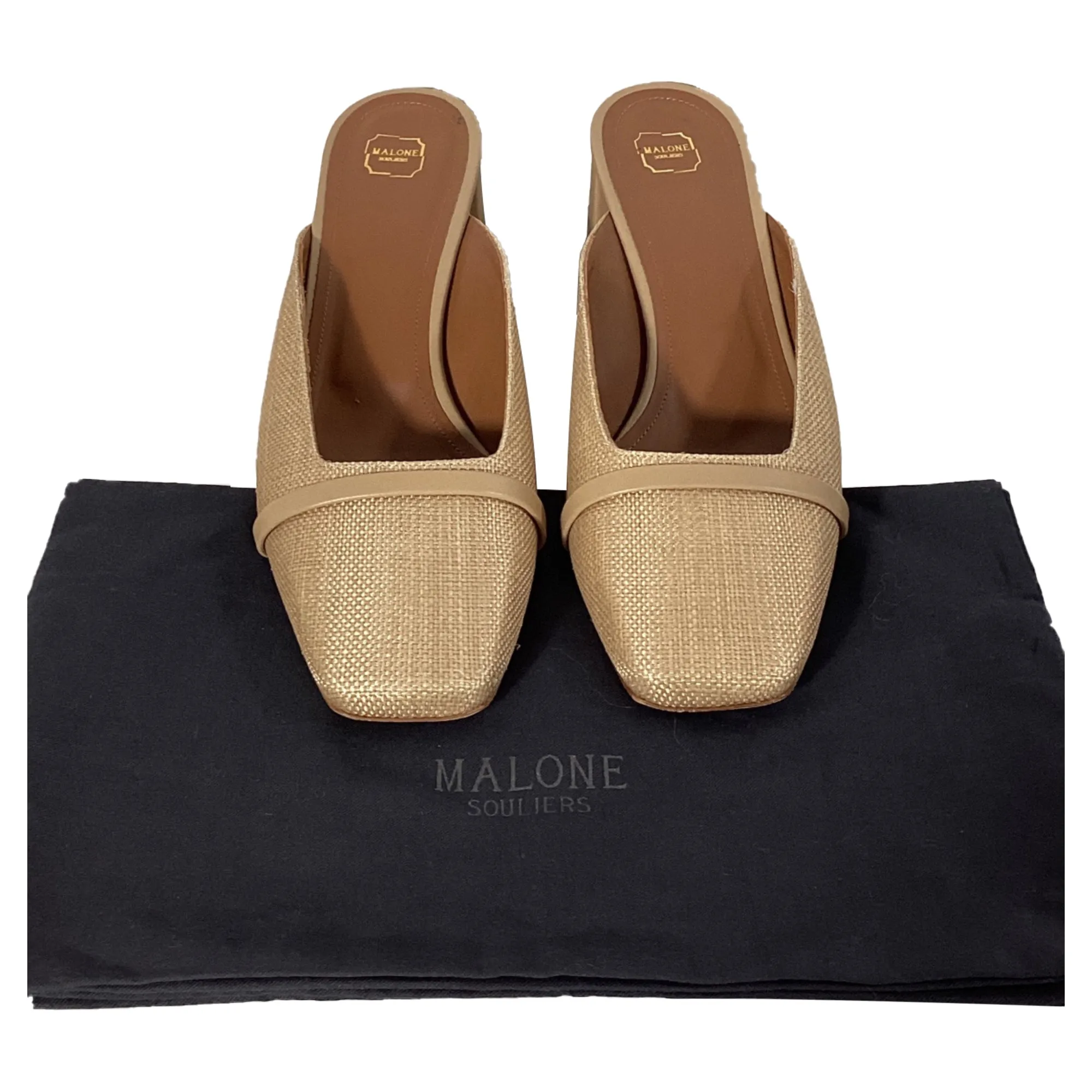Malone Souliers Carmen 45mm Square-Toe Mules in Beige Raffia