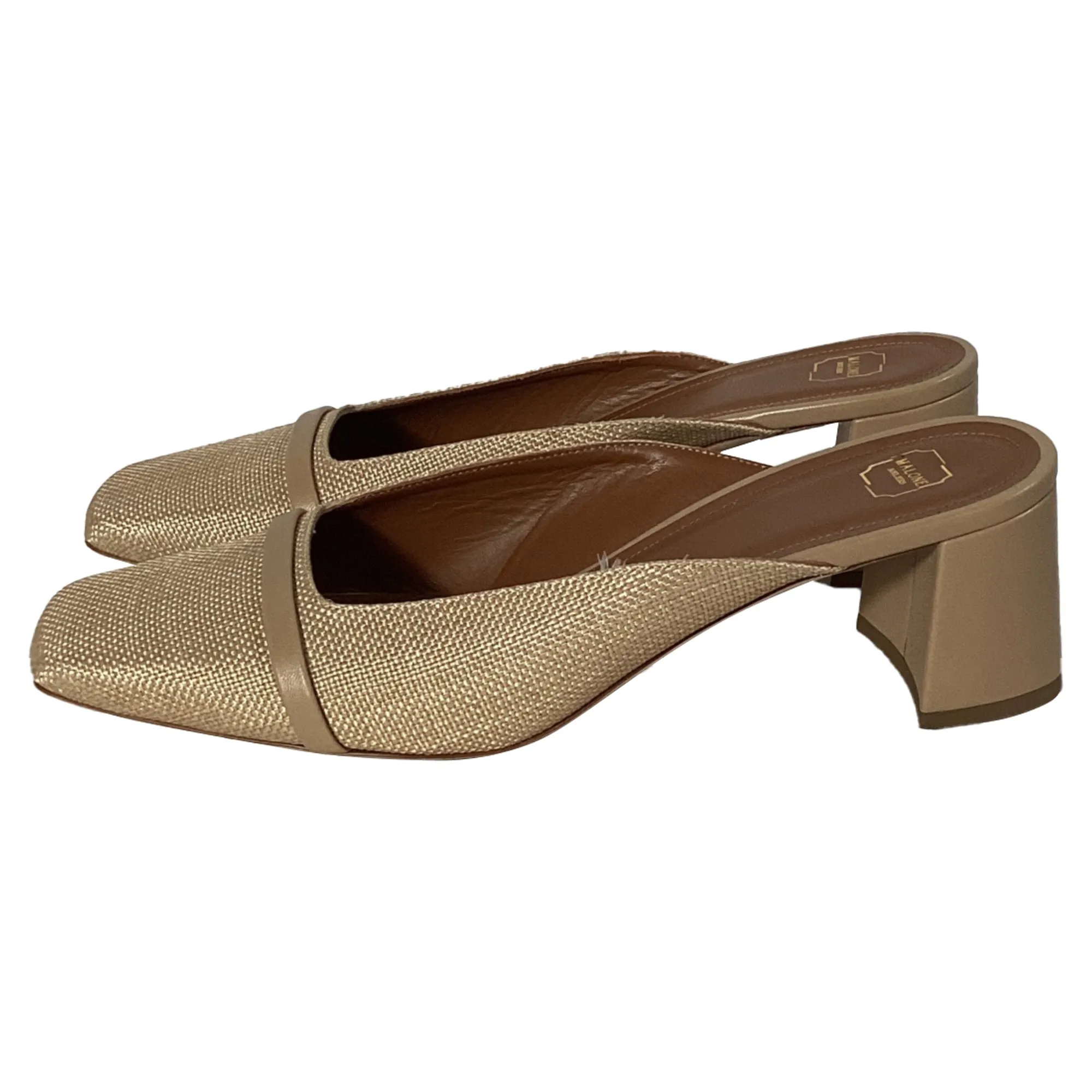 Malone Souliers Carmen 45mm Square-Toe Mules in Beige Raffia