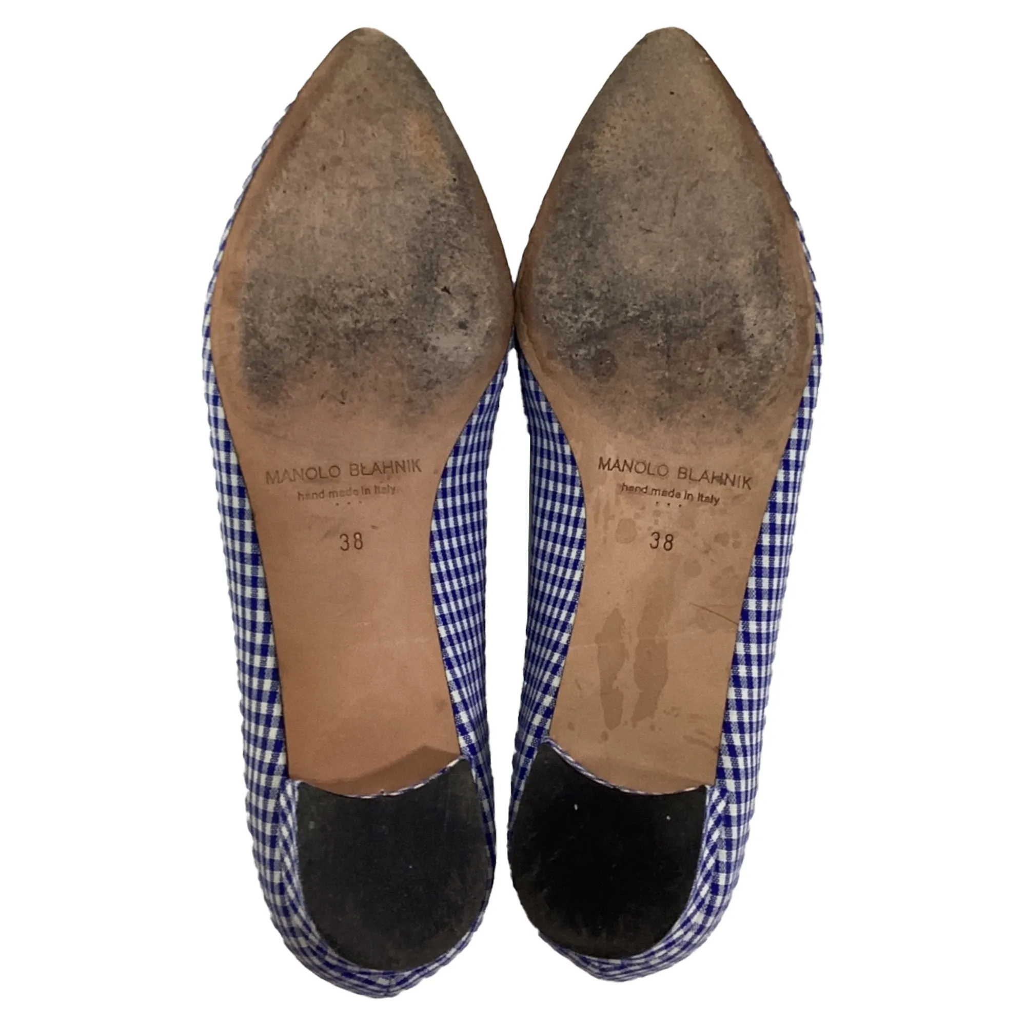 Manolo Blahnik Plaid Print Crystal Embellishments Flats in Blue Cotton