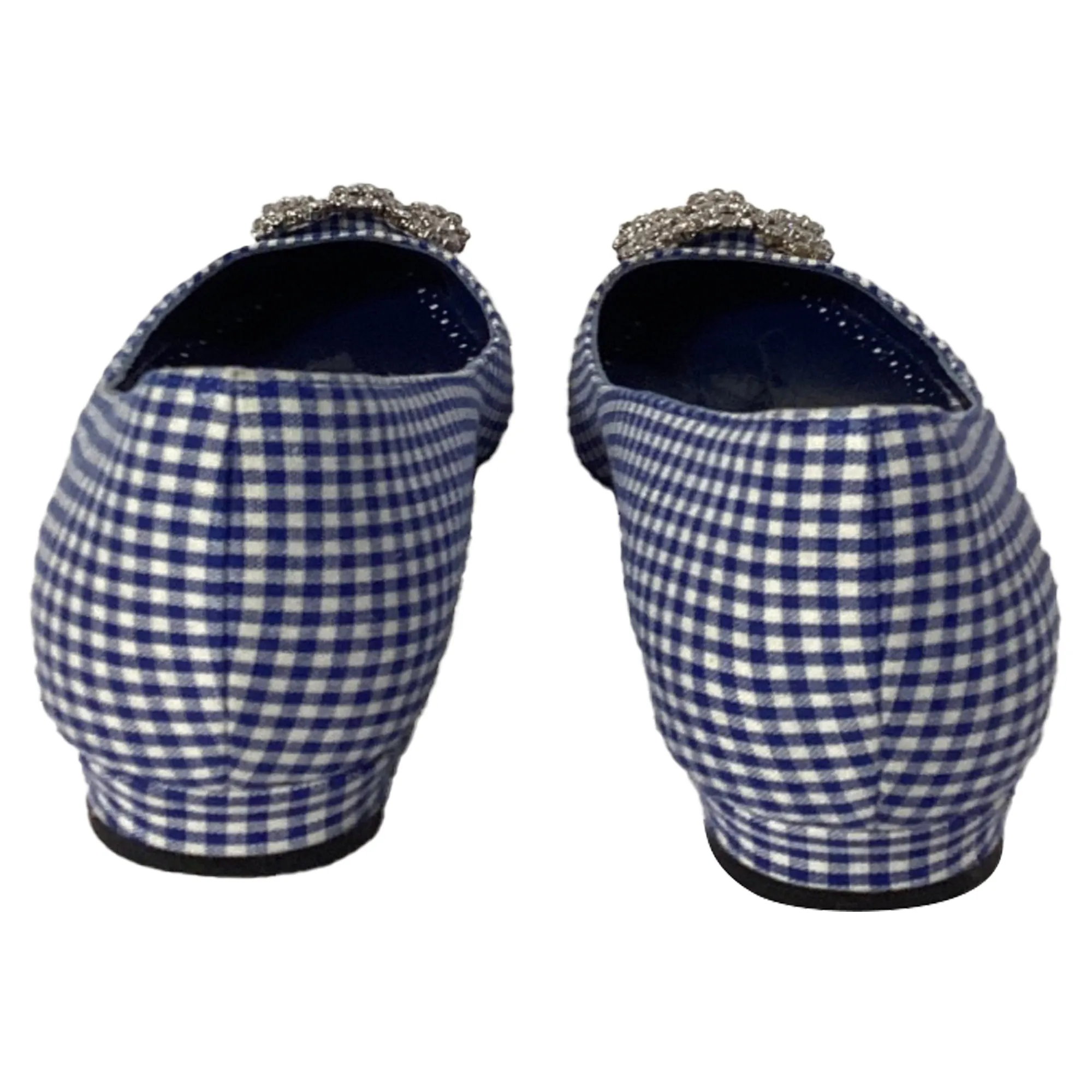 Manolo Blahnik Plaid Print Crystal Embellishments Flats in Blue Cotton