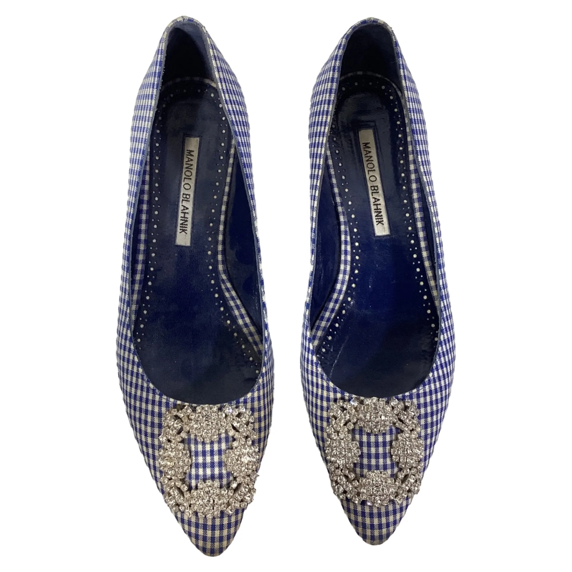 Manolo Blahnik Plaid Print Crystal Embellishments Flats in Blue Cotton
