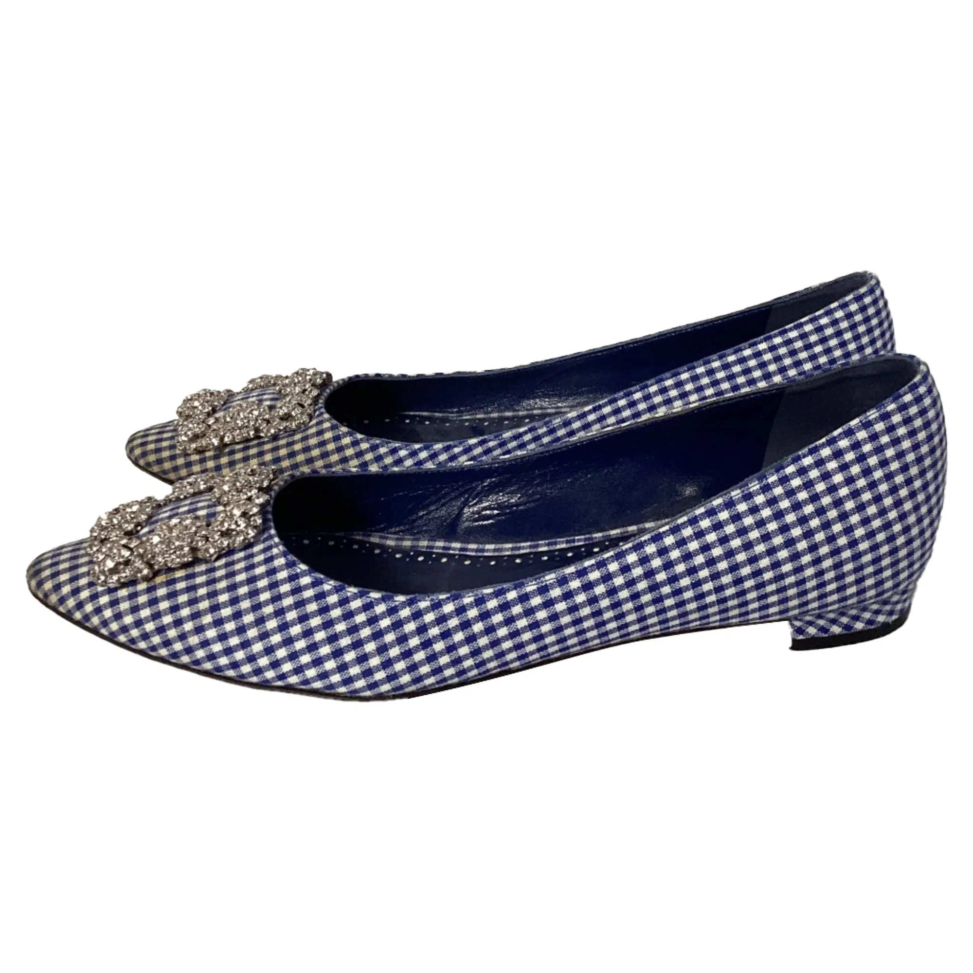 Manolo Blahnik Plaid Print Crystal Embellishments Flats in Blue Cotton
