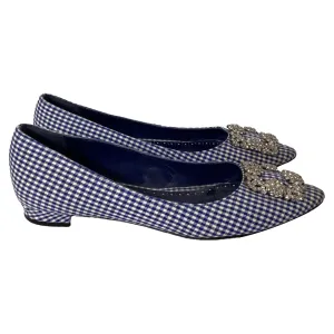 Manolo Blahnik Plaid Print Crystal Embellishments Flats in Blue Cotton