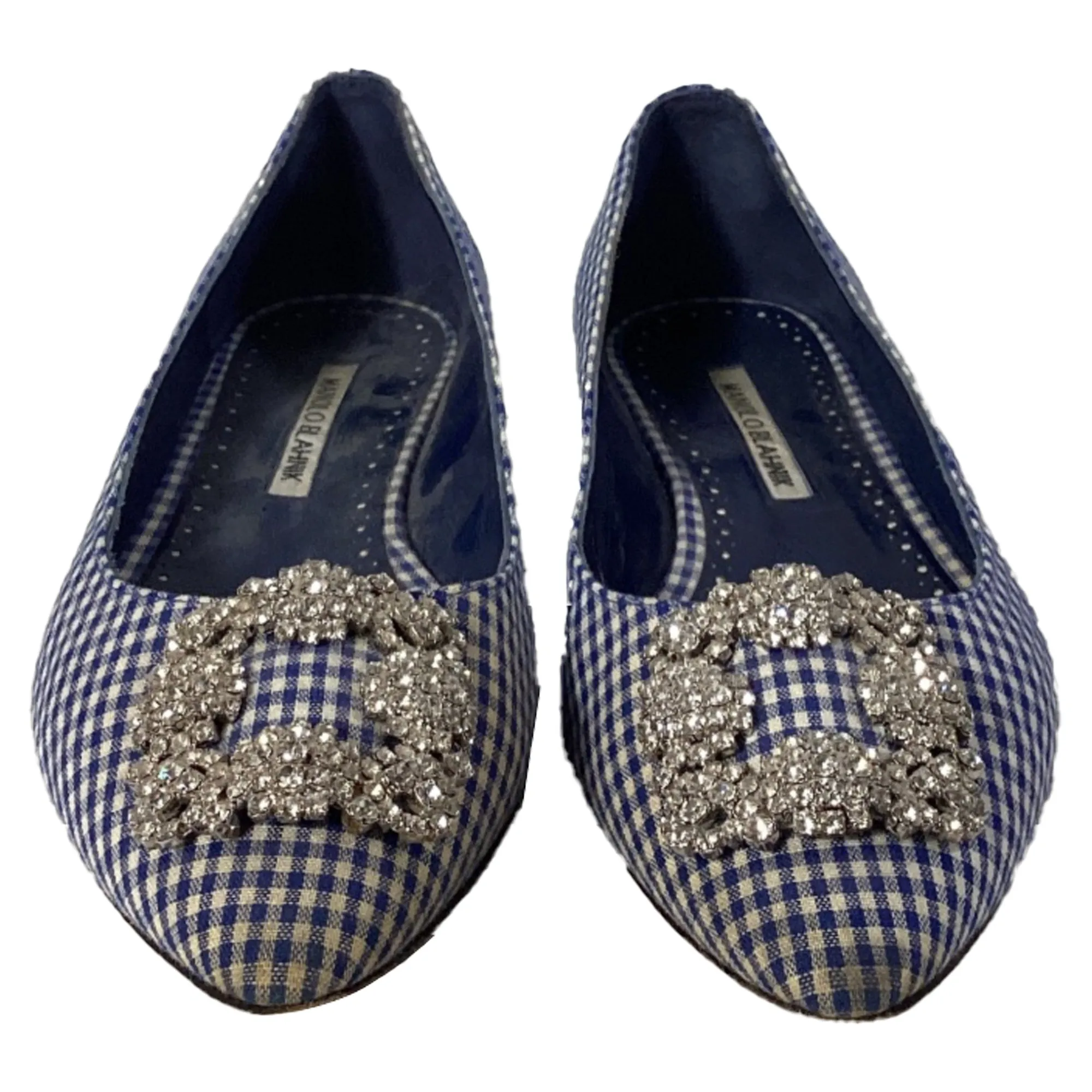 Manolo Blahnik Plaid Print Crystal Embellishments Flats in Blue Cotton