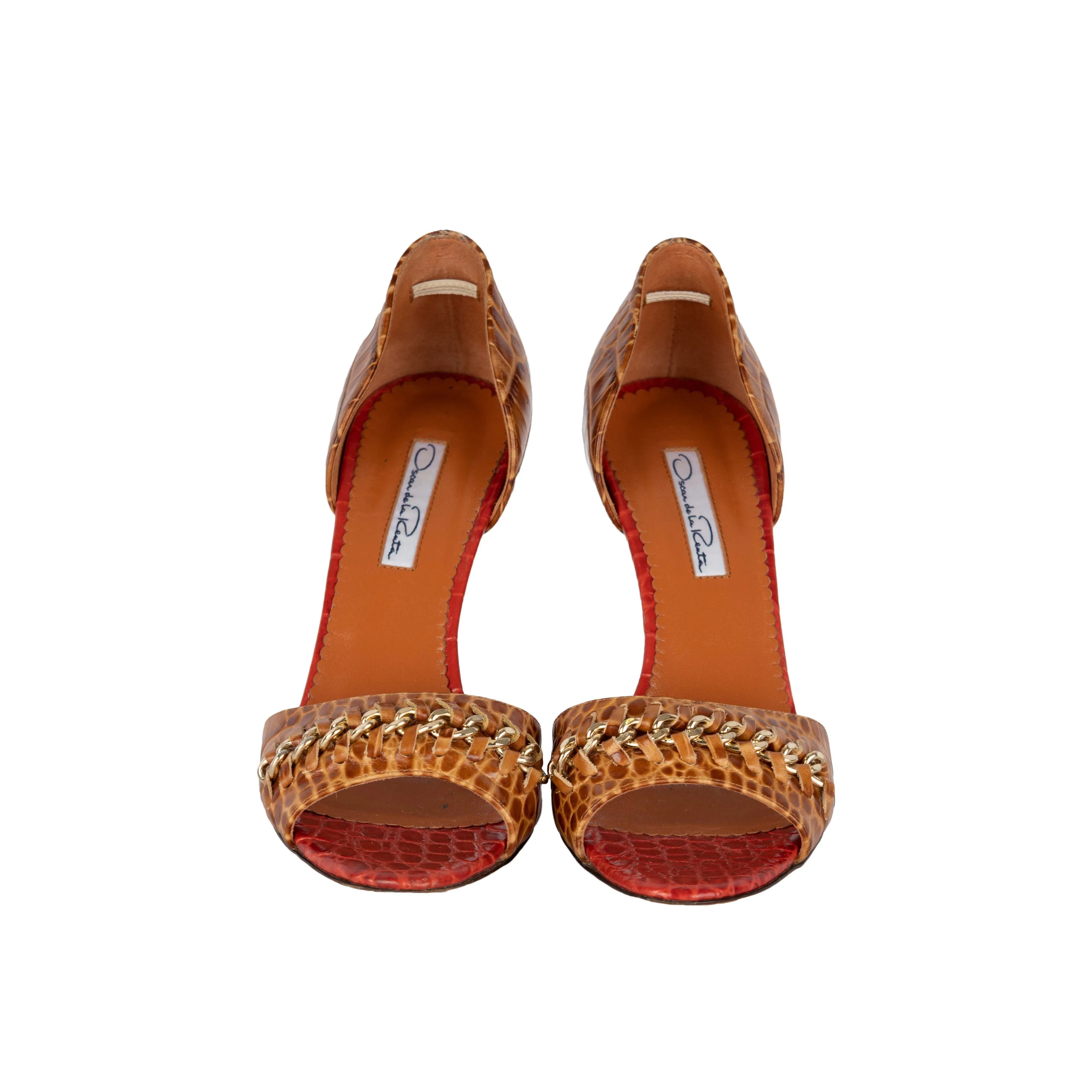 Oscar de la Renta Alligator Embossed Leather Chain Strap D'orsay Pumps