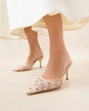Paloma Mesh Mid-Heel Closed Toe Mule In Cream/clear