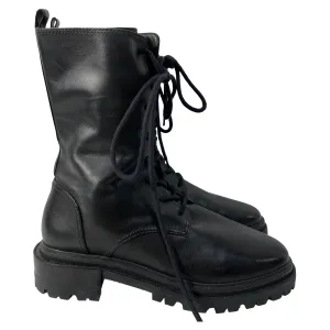 Porte & Paire Lace-Up Ankle Combat Boots in Black Leather