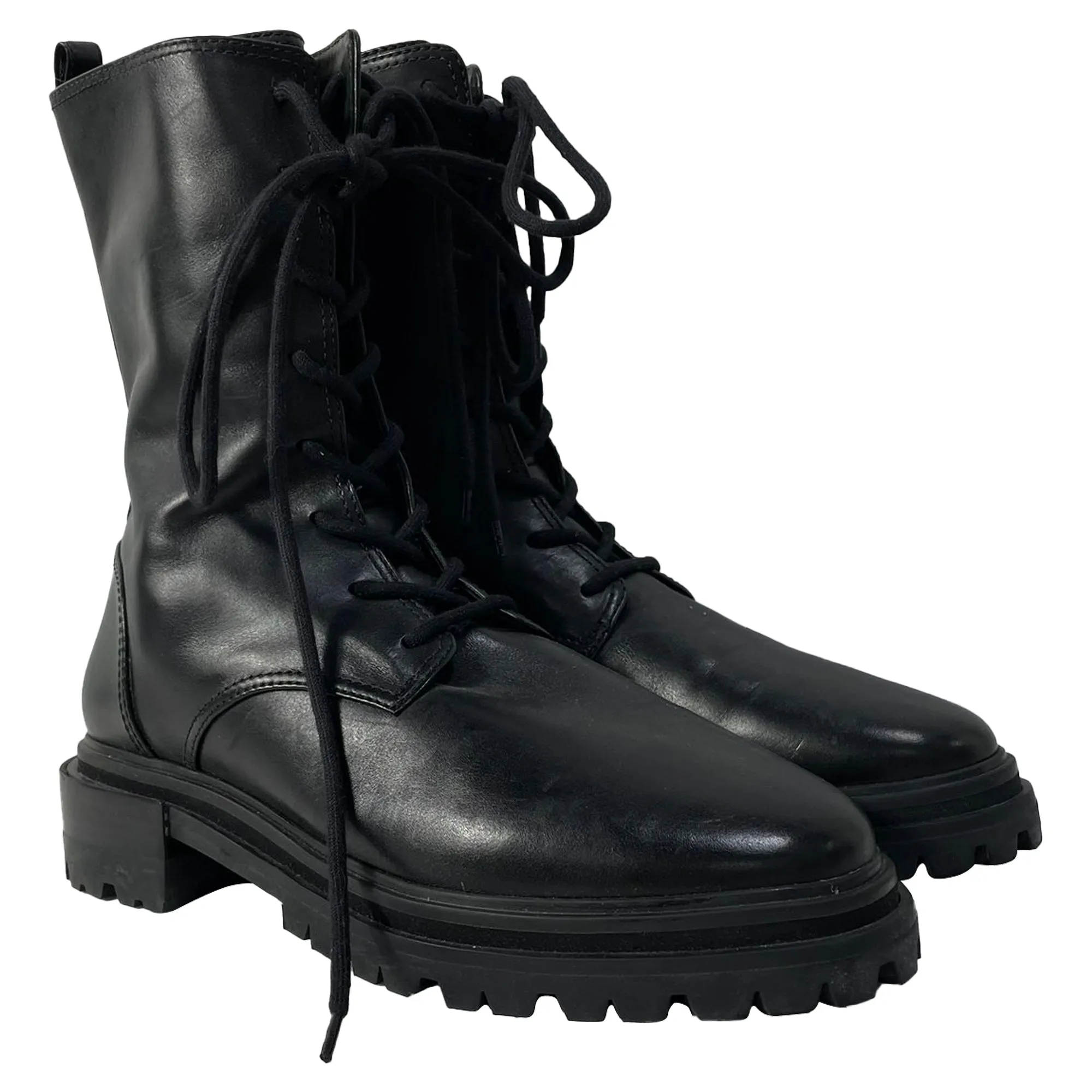 Porte & Paire Lace-Up Ankle Combat Boots in Black Leather