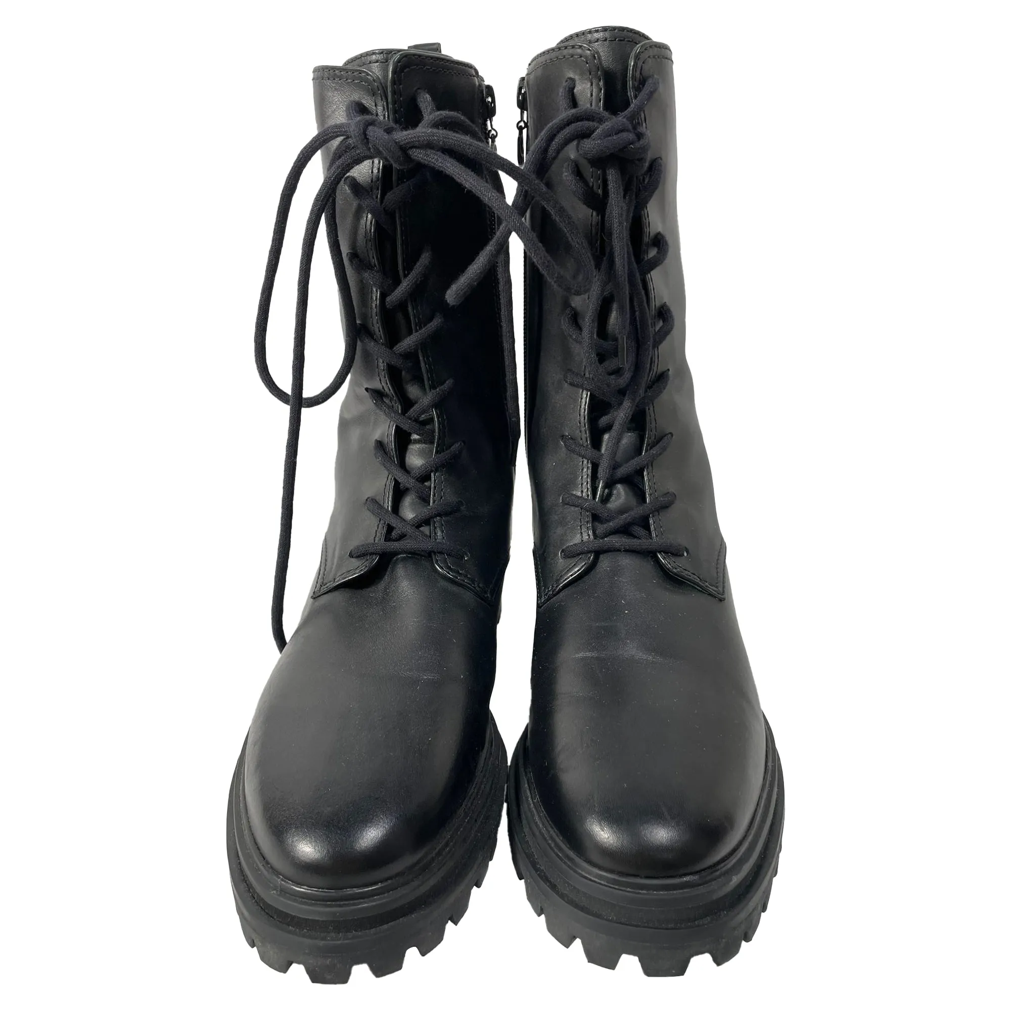 Porte & Paire Lace-Up Ankle Combat Boots in Black Leather