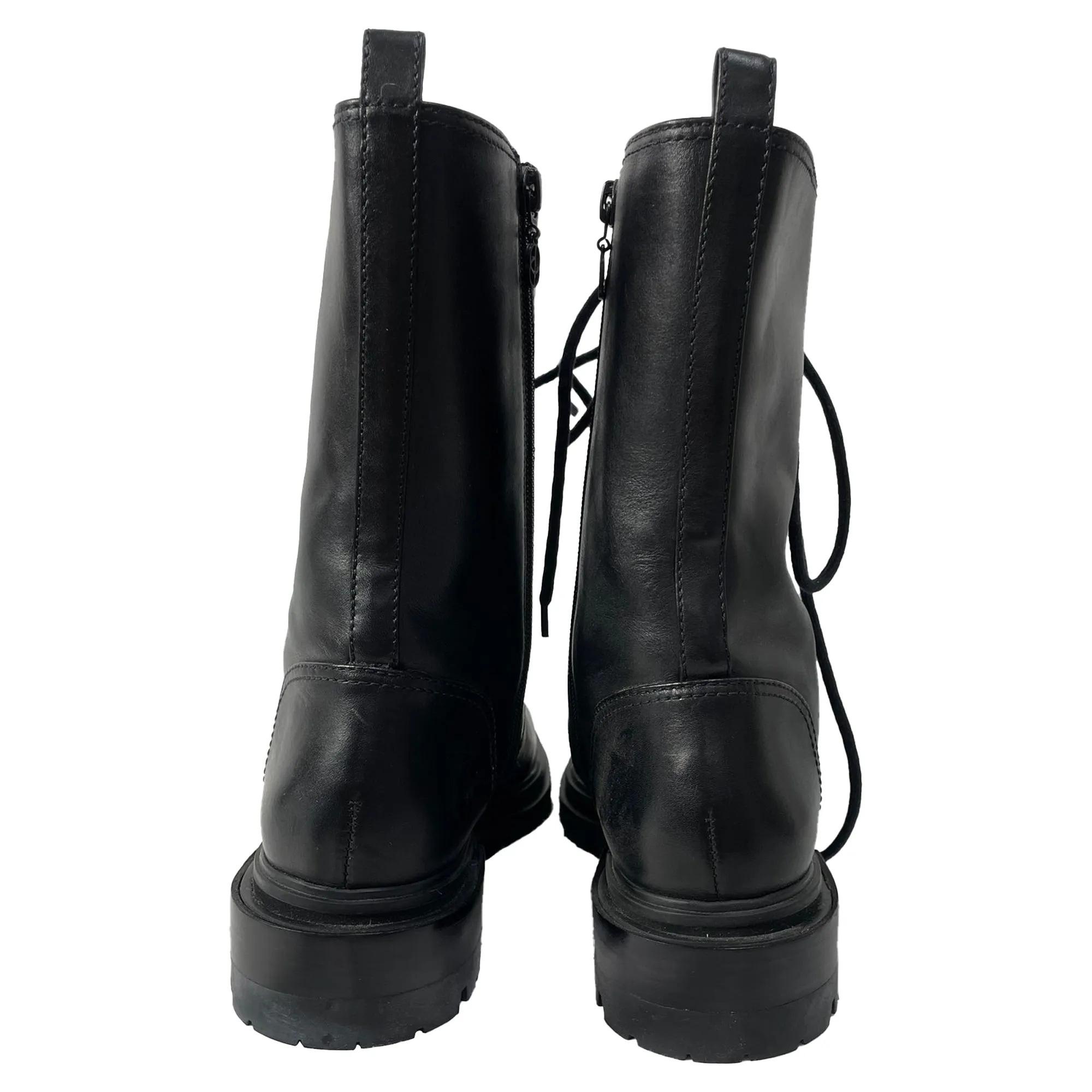 Porte & Paire Lace-Up Ankle Combat Boots in Black Leather
