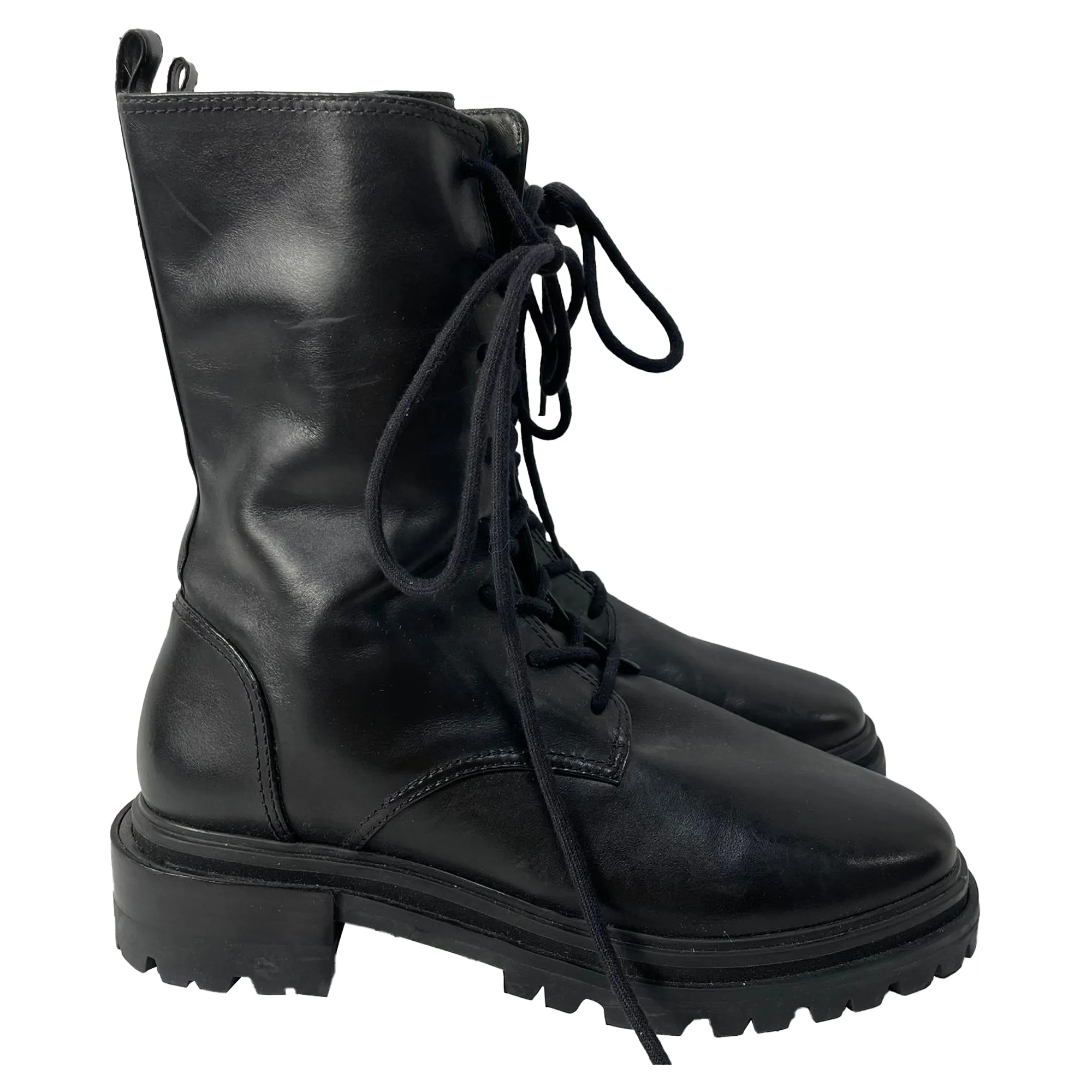 Porte & Paire Lace-Up Ankle Combat Boots in Black Leather