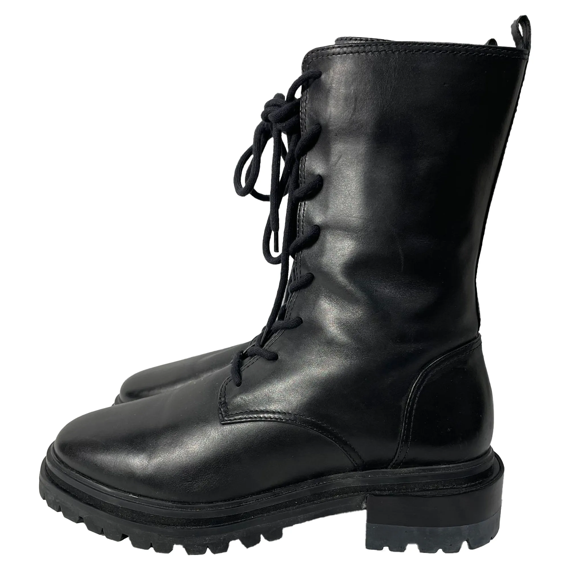 Porte & Paire Lace-Up Ankle Combat Boots in Black Leather
