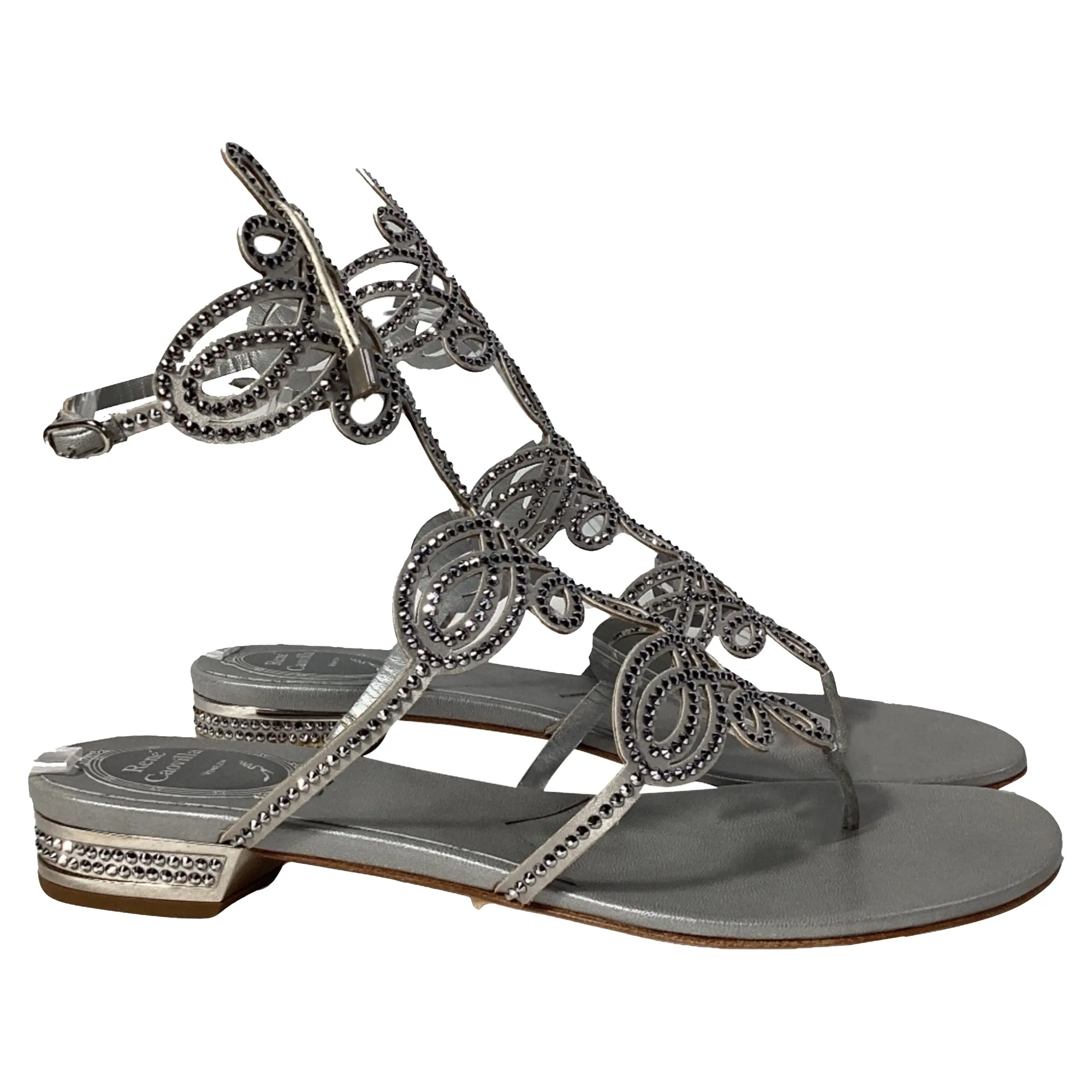 Ren Caovilla Crystal-Embellished Sandals in Silver Leather