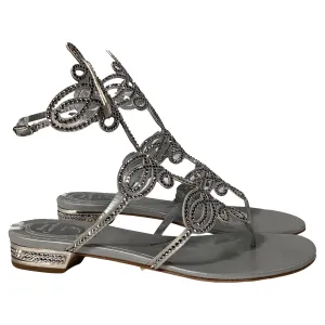 Ren Caovilla Crystal-Embellished Sandals in Silver Leather