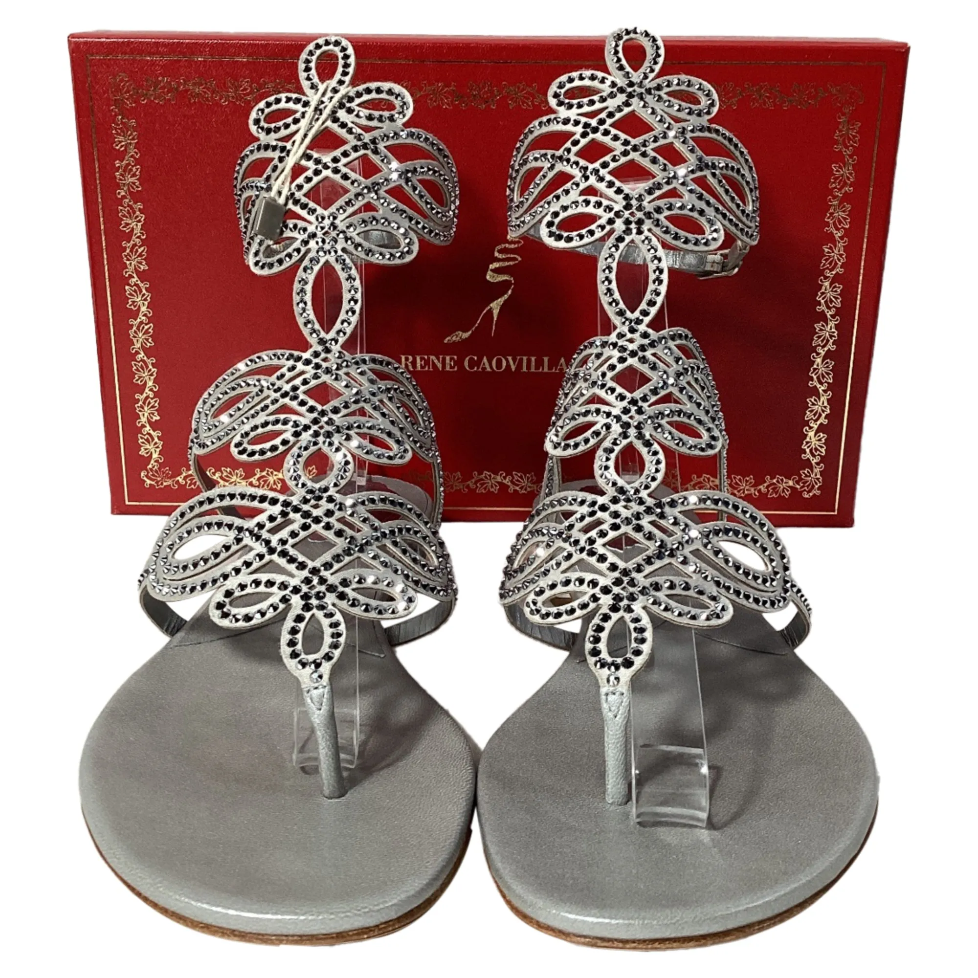 Ren Caovilla Crystal-Embellished Sandals in Silver Leather