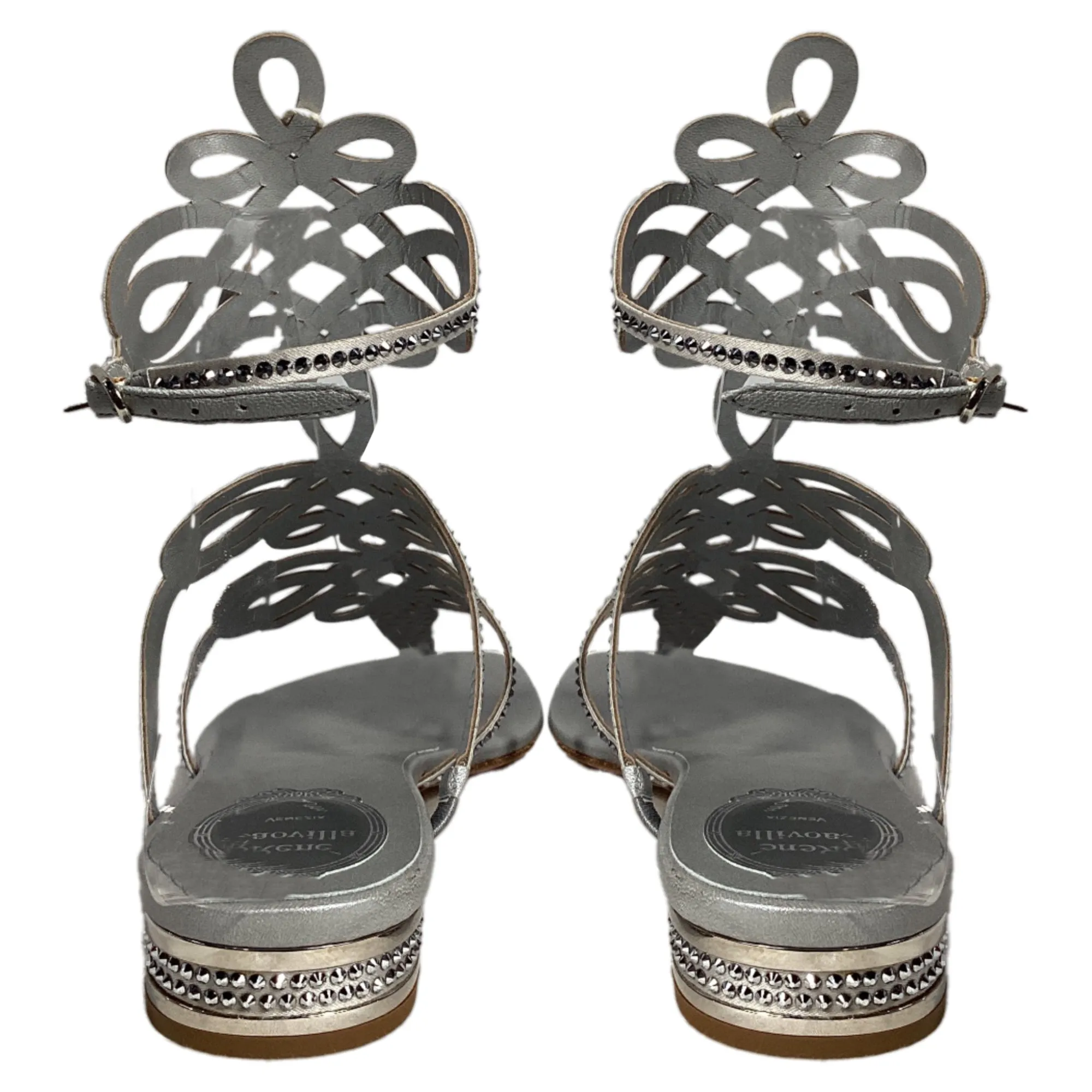 Ren Caovilla Crystal-Embellished Sandals in Silver Leather