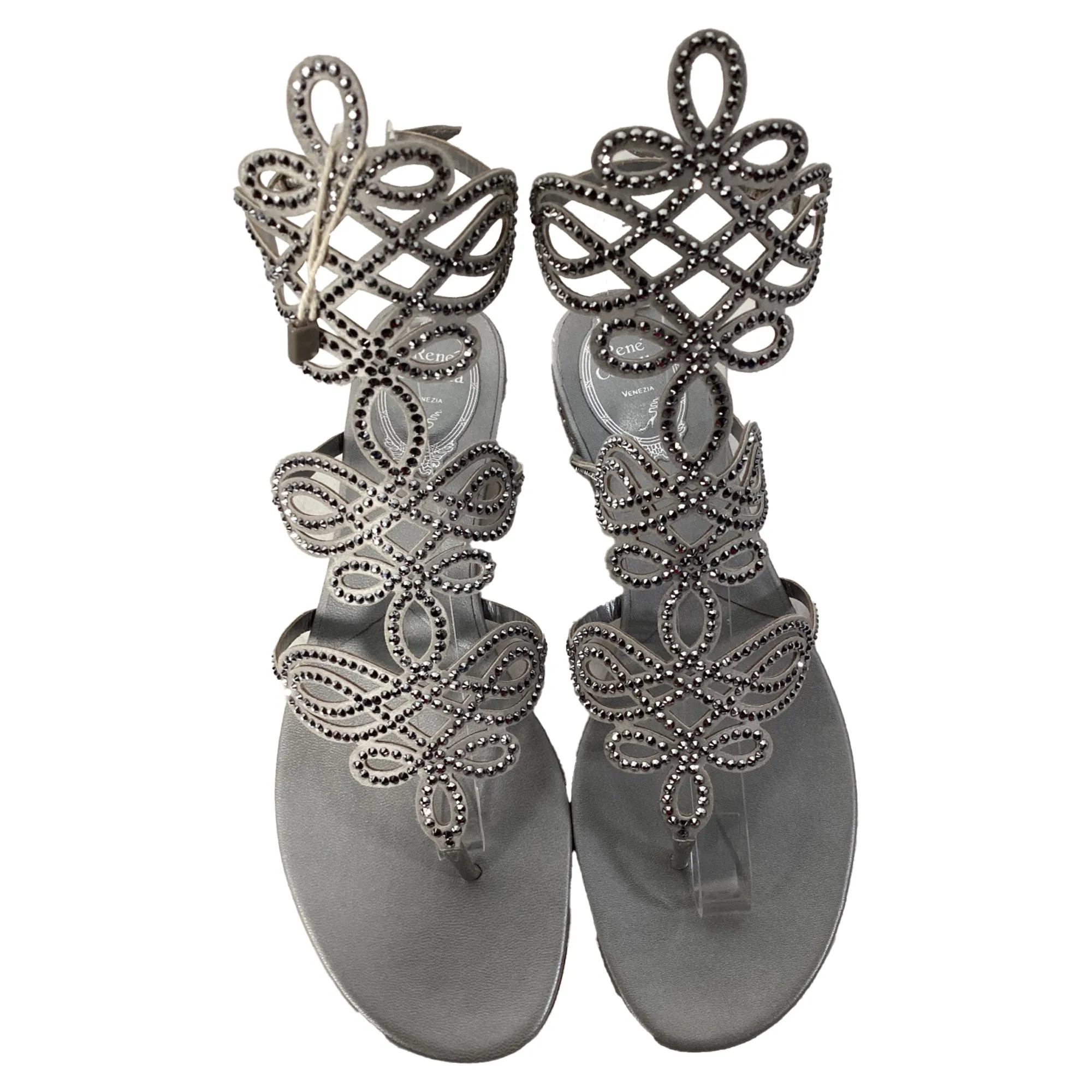Ren Caovilla Crystal-Embellished Sandals in Silver Leather