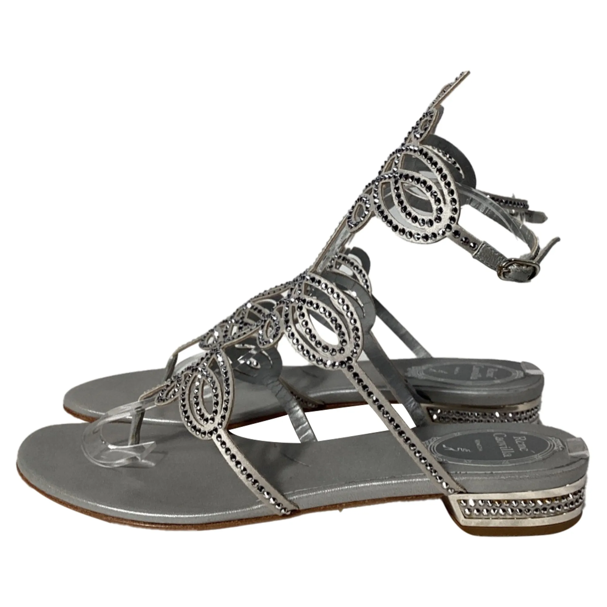 Ren Caovilla Crystal-Embellished Sandals in Silver Leather