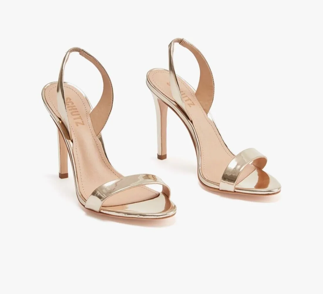 Schutz Luriane Sandals Women's 6.5 Gold Metallic Slingback Stiletto Heels FZP520