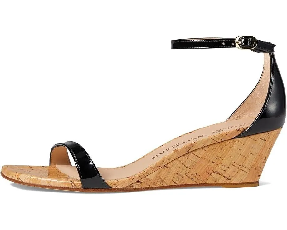 Stuart Weitzman Nudistcurve 50 Sandals Womens 7.5 Black Ankle Strap Wedge KHD070