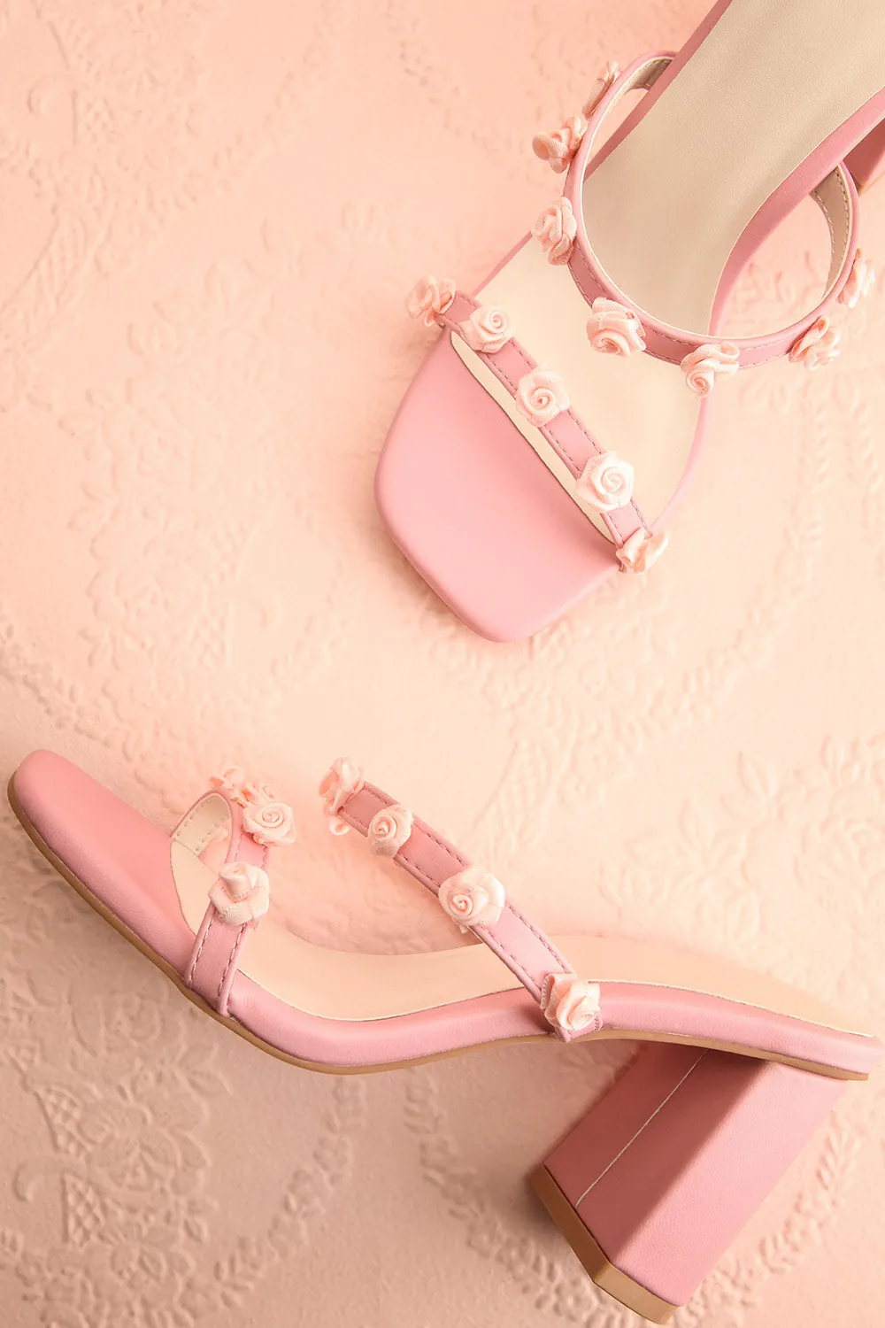 Synthicia Pink | Heeled Sandals w/ Rose Flowers